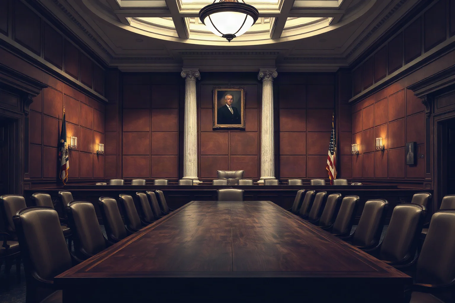 A somber government building interior with empty chairs around a long table, illustrating a political purge