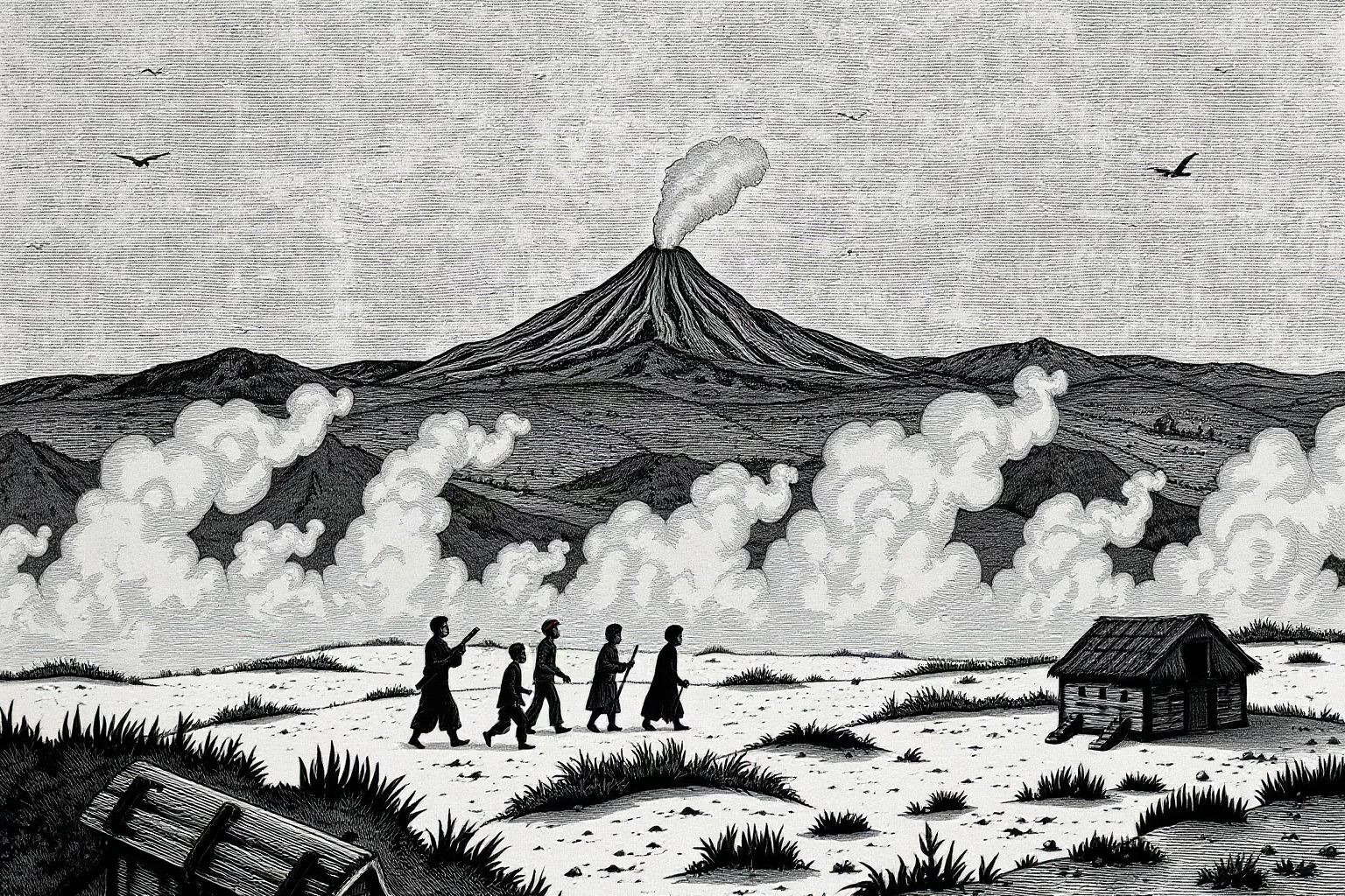 A somber historical illustration of villagers fleeing a volcanic disaster zone with ash-covered landscape and distant smoking mountain