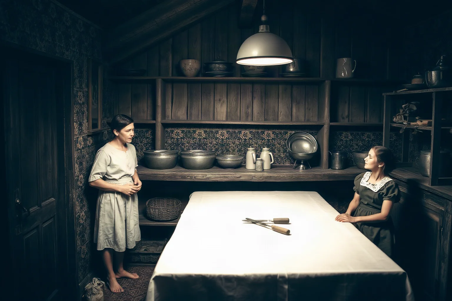 A somber historical scene of a rural European family with an empty table and bare pantry shelves, depicting famine conditions