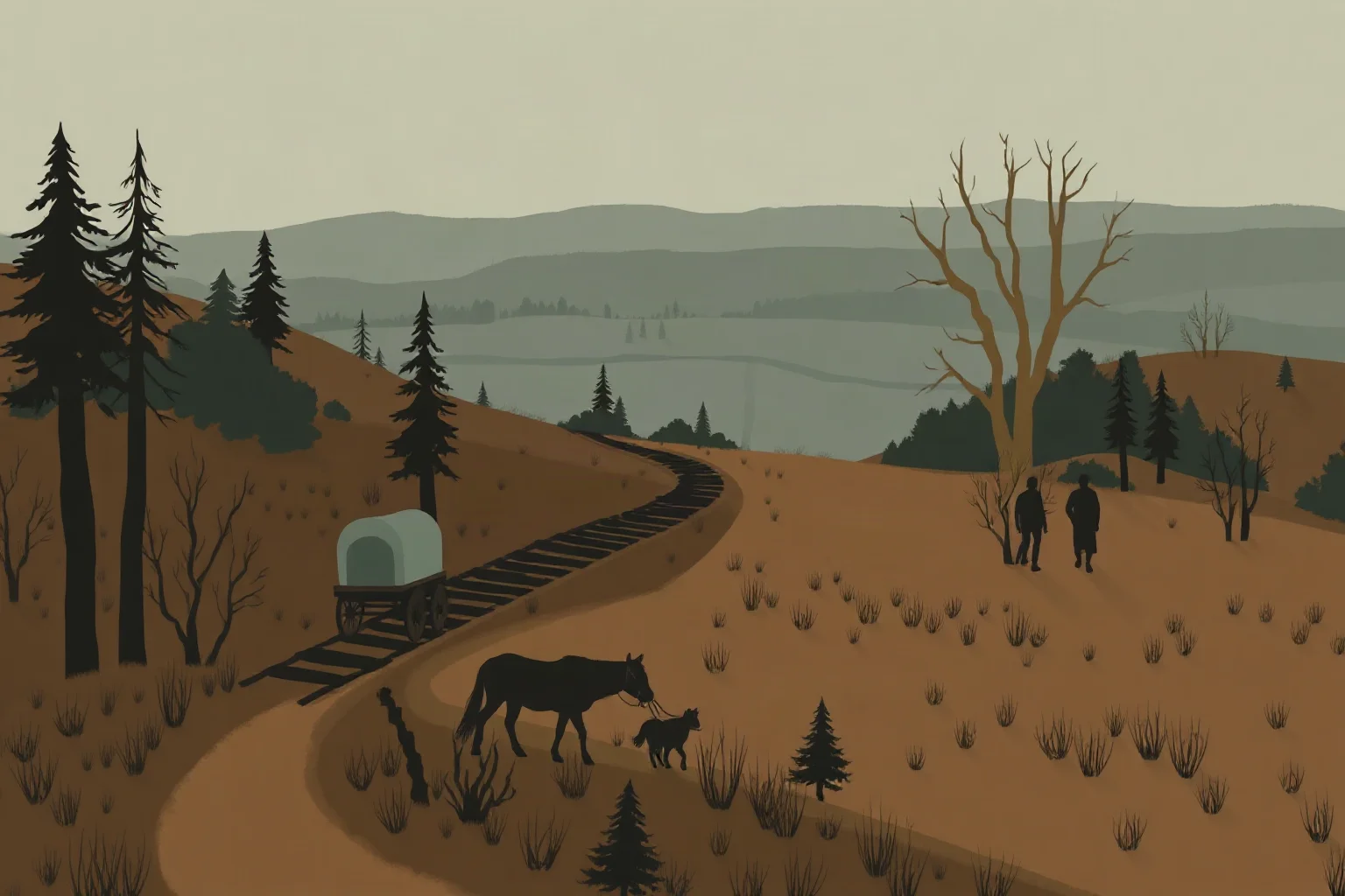 A somber illustrated landscape of a long wagon and foot trail through autumn woods and plains, muted colors, respectful and non-graphic depiction.