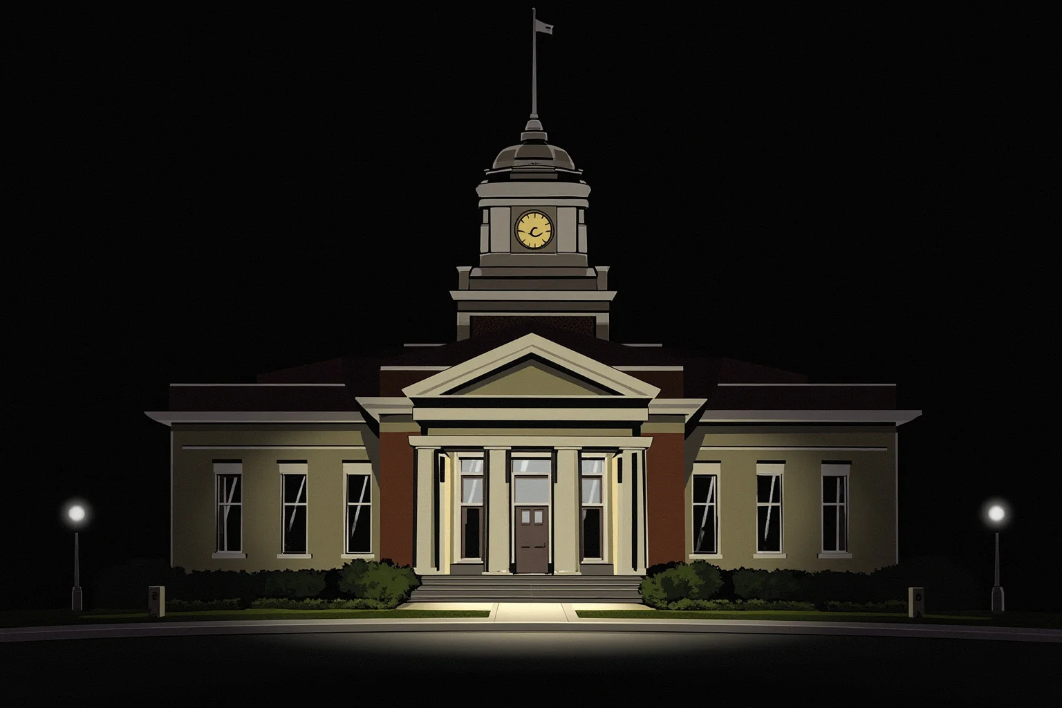 A somber illustrated Mississippi courthouse exterior from the 1950s civil rights era with dramatic lighting