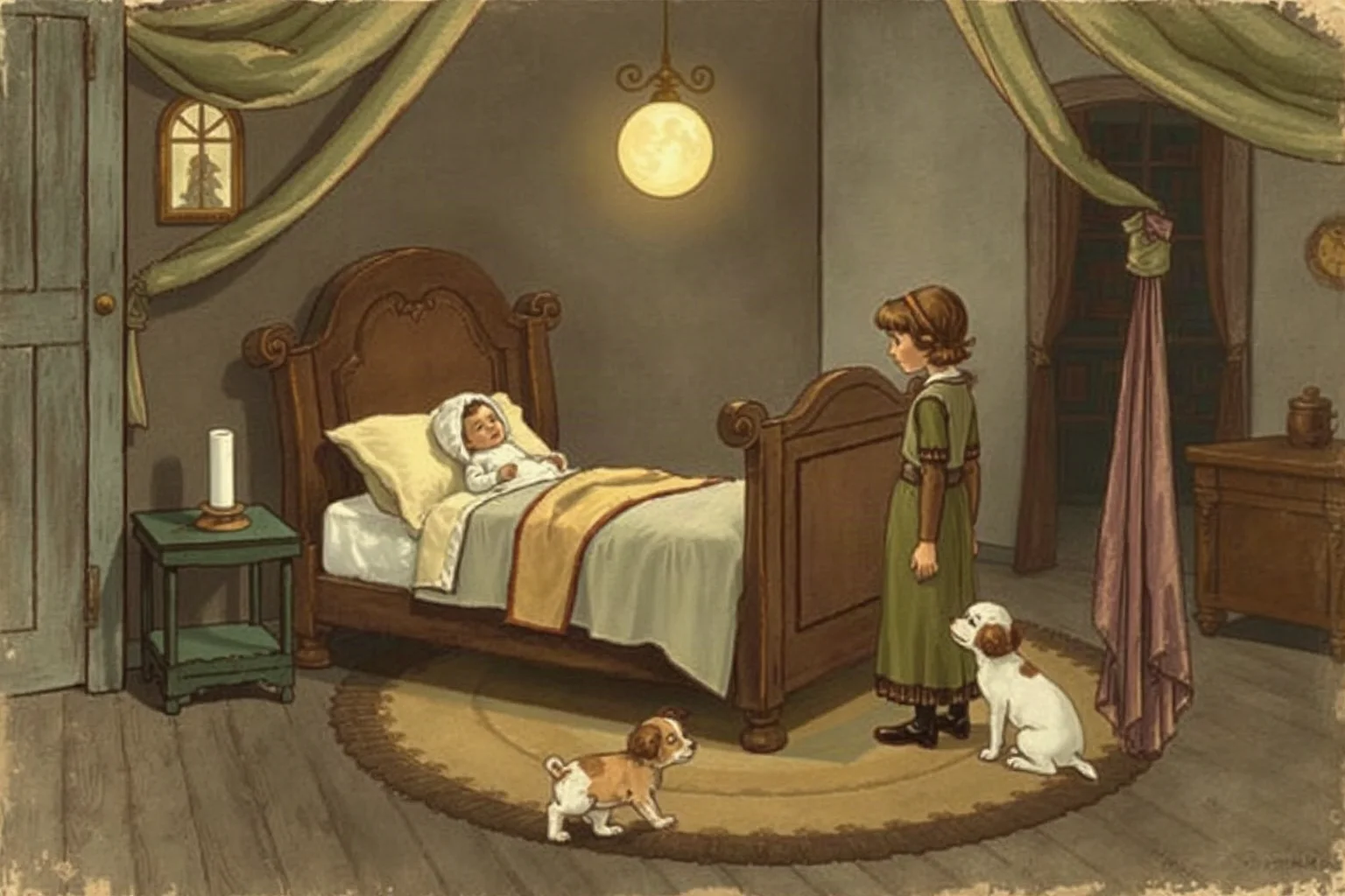 A somber illustrated nursery scene from the early 1900s, muted colors, conveying quiet grief