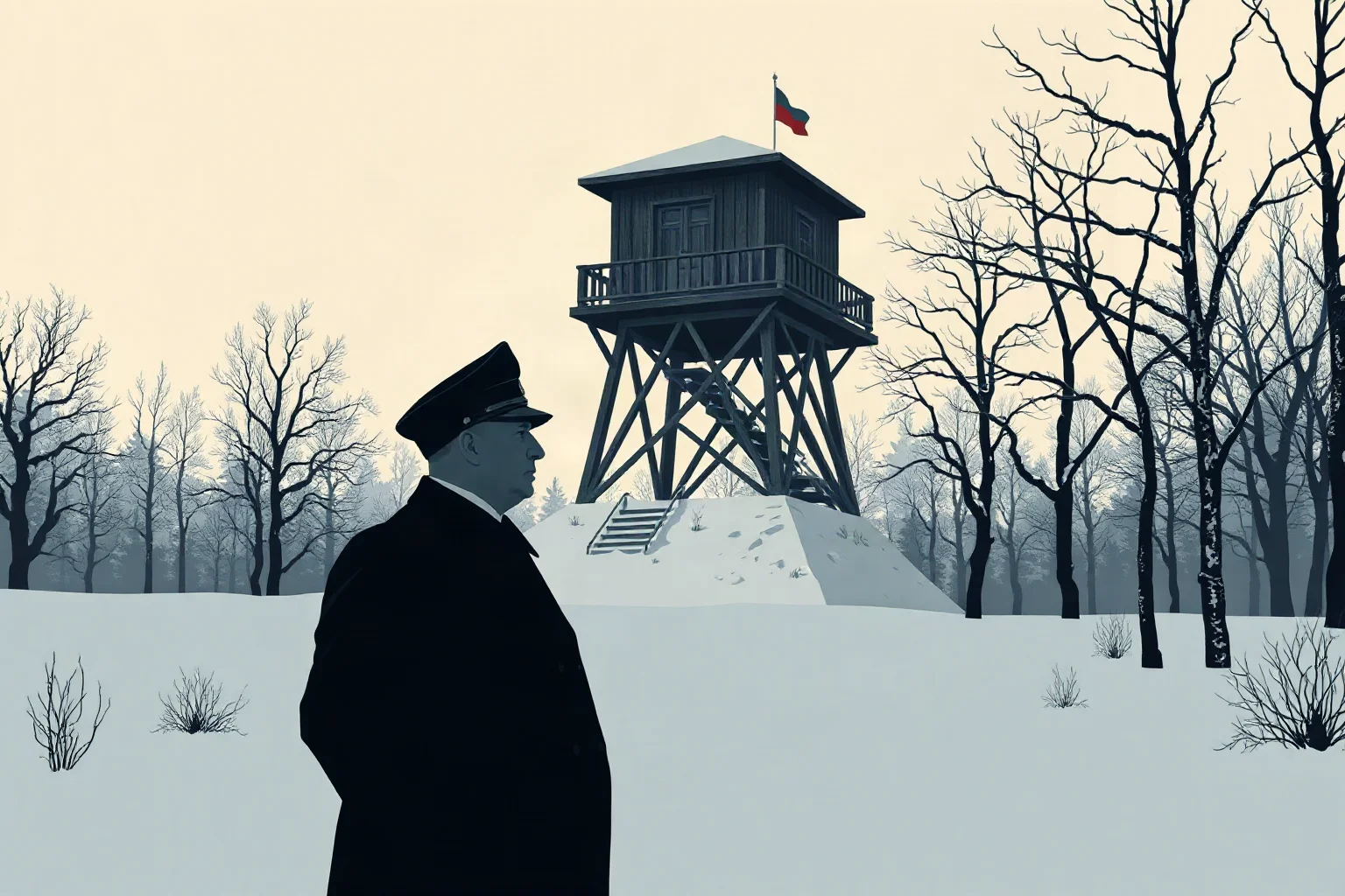 A somber illustrated portrait silhouette of a mid-20th-century Soviet-era leader standing before a snowy gulag watchtower