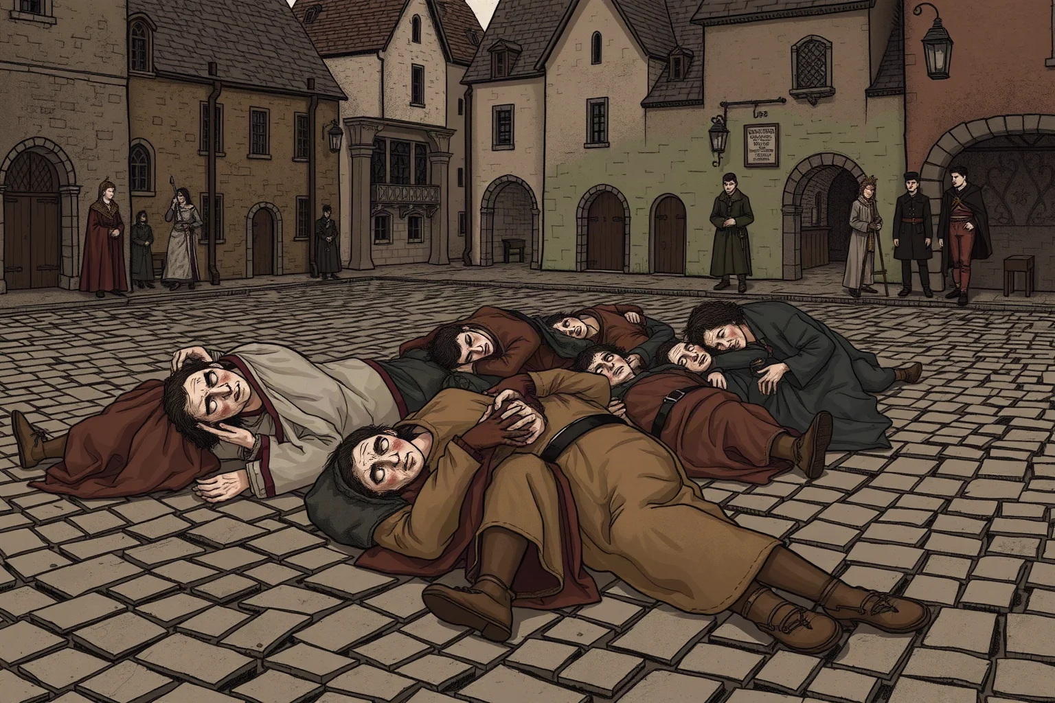 A somber illustrated scene of exhausted medieval figures collapsed on cobblestones near a town square, muted colors