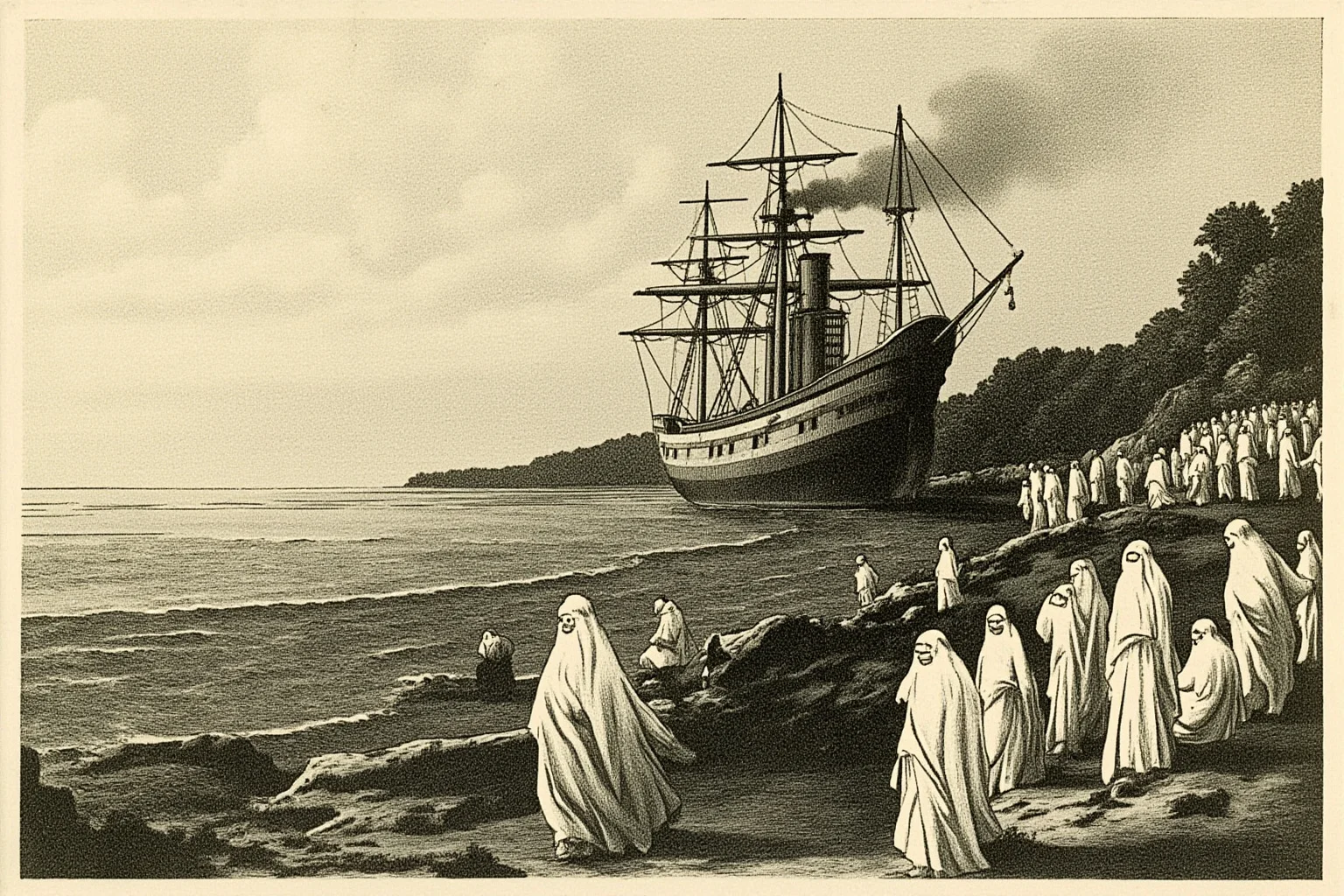 A somber illustrated ship arriving at a shoreline with faded, ghostly figures, symbolizing population loss after contact