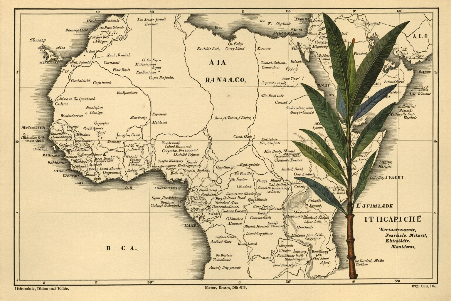 21 Beloved Historical Figures Who Are Controversial Today 3 A somber illustration of a 19th-century European colonial map of Central Africa with a rubber plant motif, editorial history-book style