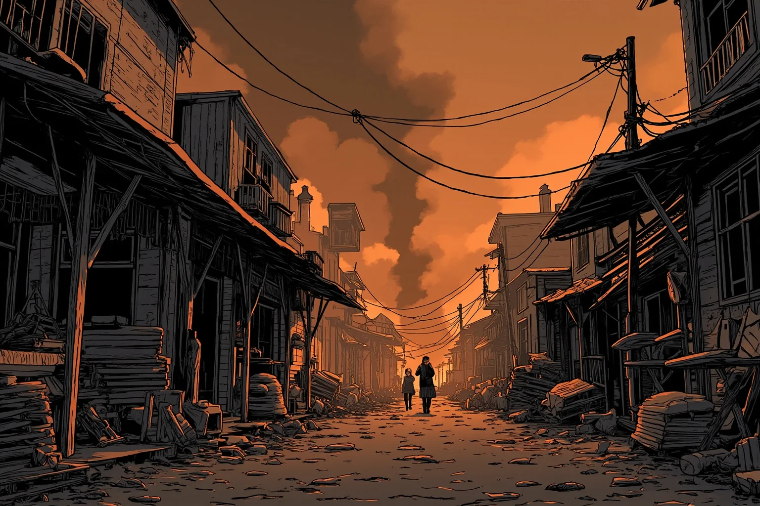 The Mad Baron Who Conquered Mongolia: The Bloody Life of Roman von Ungern-Sternberg 17 A somber illustration of a burned market street with abandoned belongings, historical art style, non-graphic