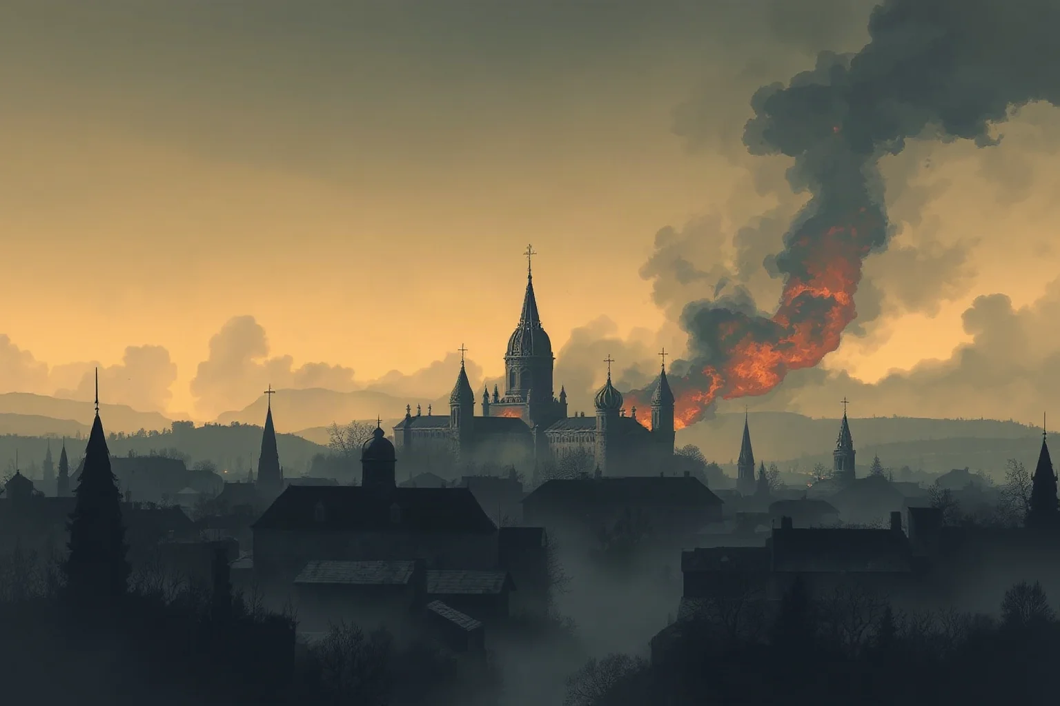 A somber illustration of a burning medieval Russian city under a smoke-filled sky, viewed from a distance