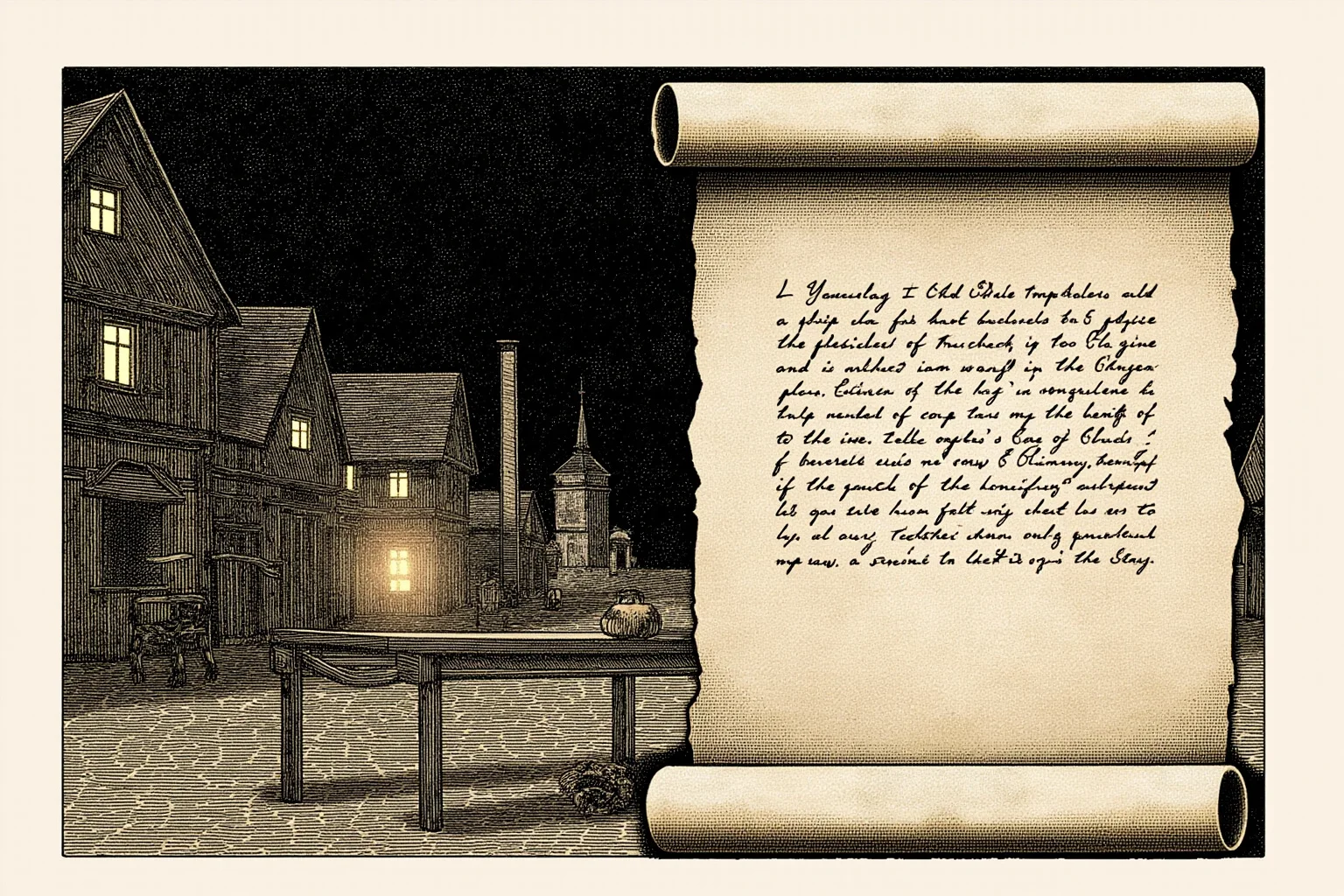 Galileo, Harvard, and 20 Other Unlikely Simultaneous Historical Events 17 A somber illustration of a lantern-lit European village square beside a rolled parchment document, symbolizing 1782