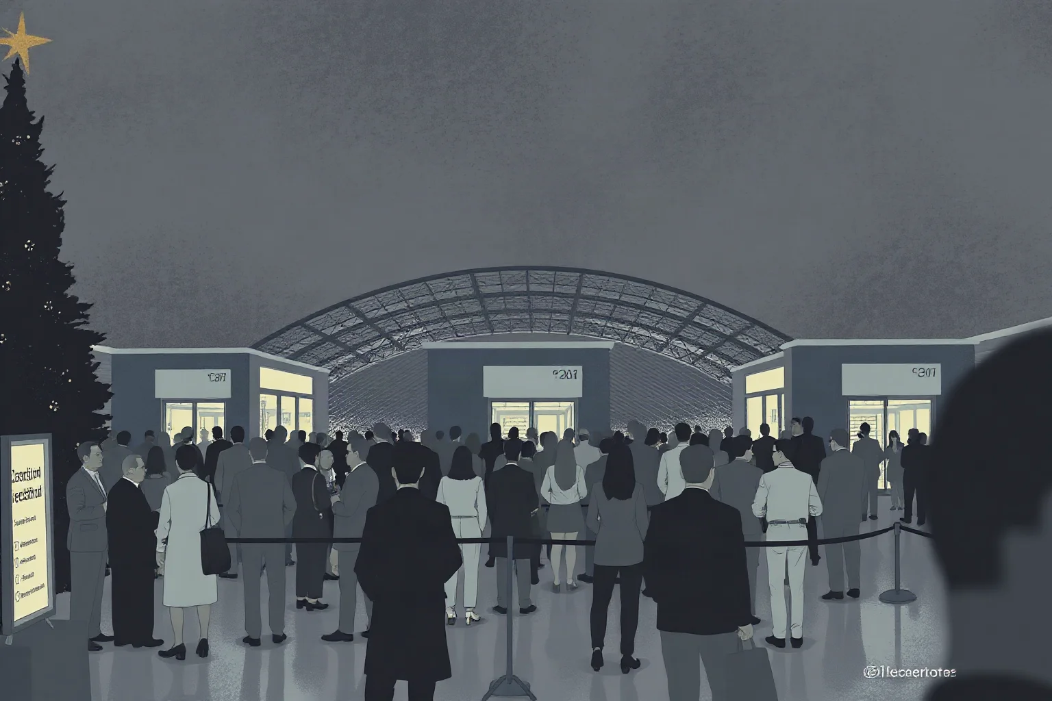 A somber illustration of a large outdoor exposition hall crowd gathered around a reception line, in muted vintage tones