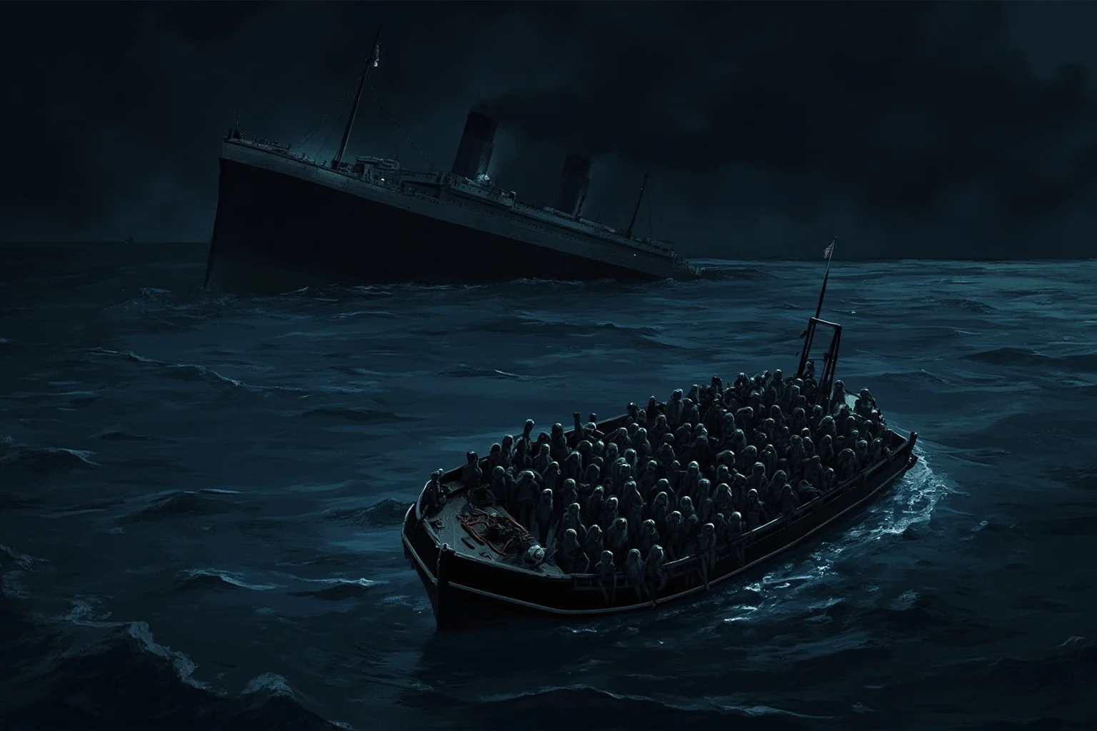 A somber illustration of a lifeboat full of survivors on dark, icy Atlantic waters at night, with a large sinking ocean liner in the background