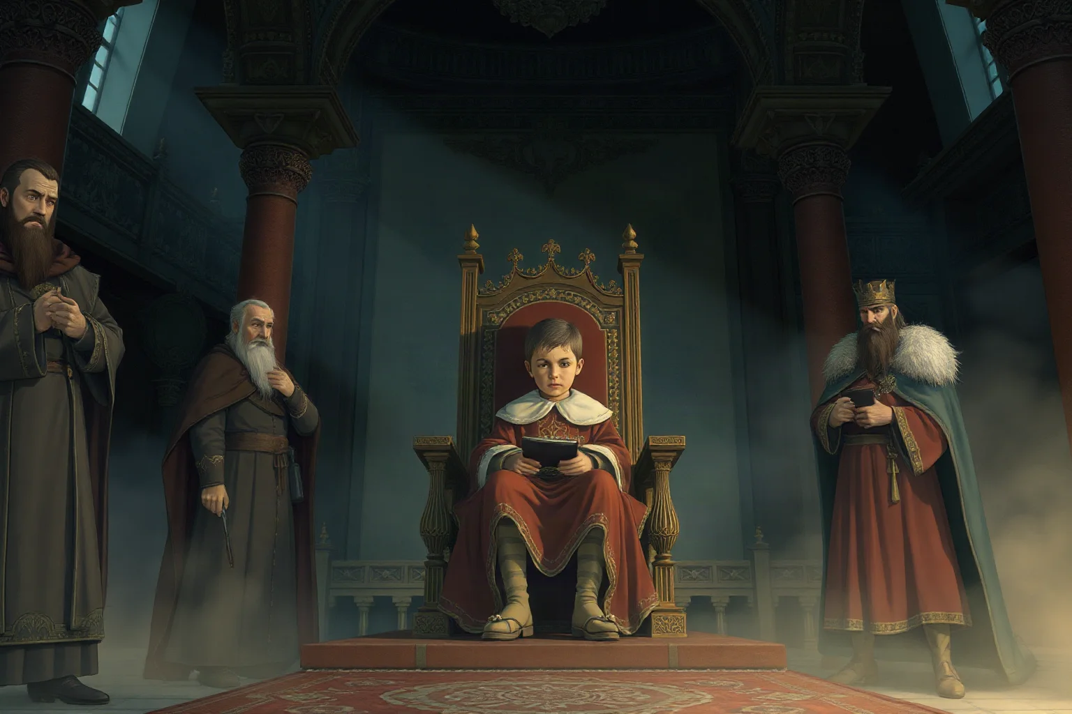 A somber illustration of a lonely child in royal robes sitting on a throne surrounded by whispering nobles in a medieval Russian palace