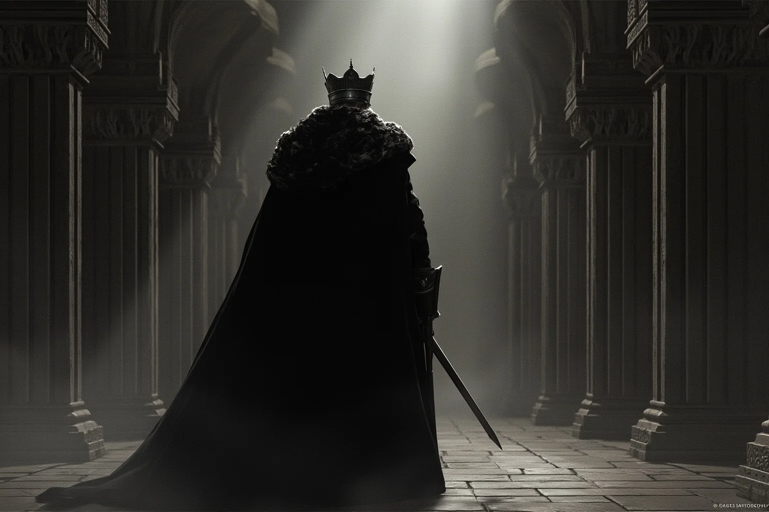 Historical Figures Who Died Of A Broken Heart 6 A somber illustration of a medieval English king standing alone in an empty castle hall dressed in mourning black