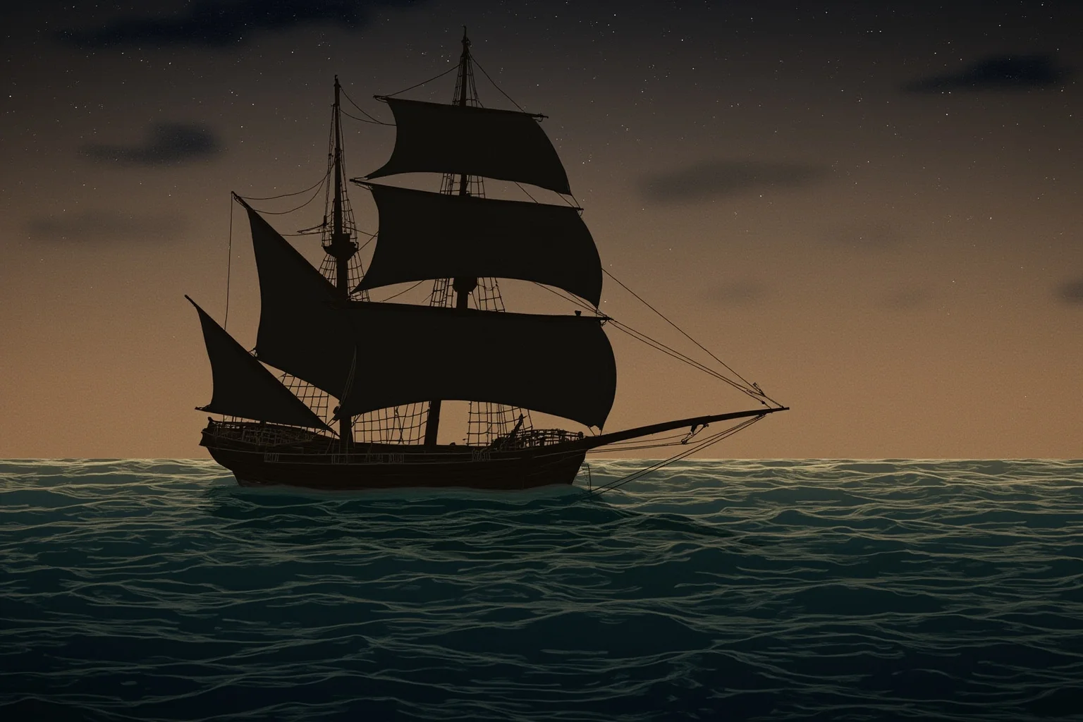 23 Worst Things That Ever Happened in History 5 A somber illustration of a sailing ship on the ocean at dusk, symbolizing the historic transatlantic slave trade era