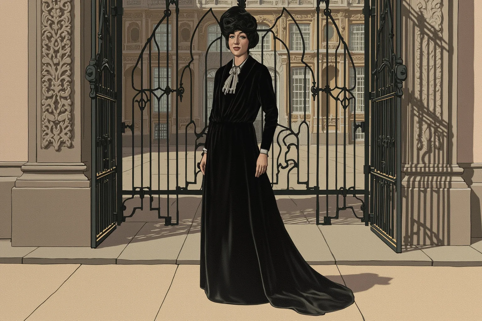 A somber illustration of a woman in early 20th-century European dress standing before an ornate palace gate