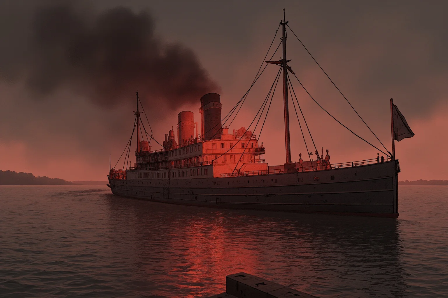 A somber illustration of an old steamboat engulfed in flame on a wide river at dawn, muted red and grey tones, respectful non-graphic style
