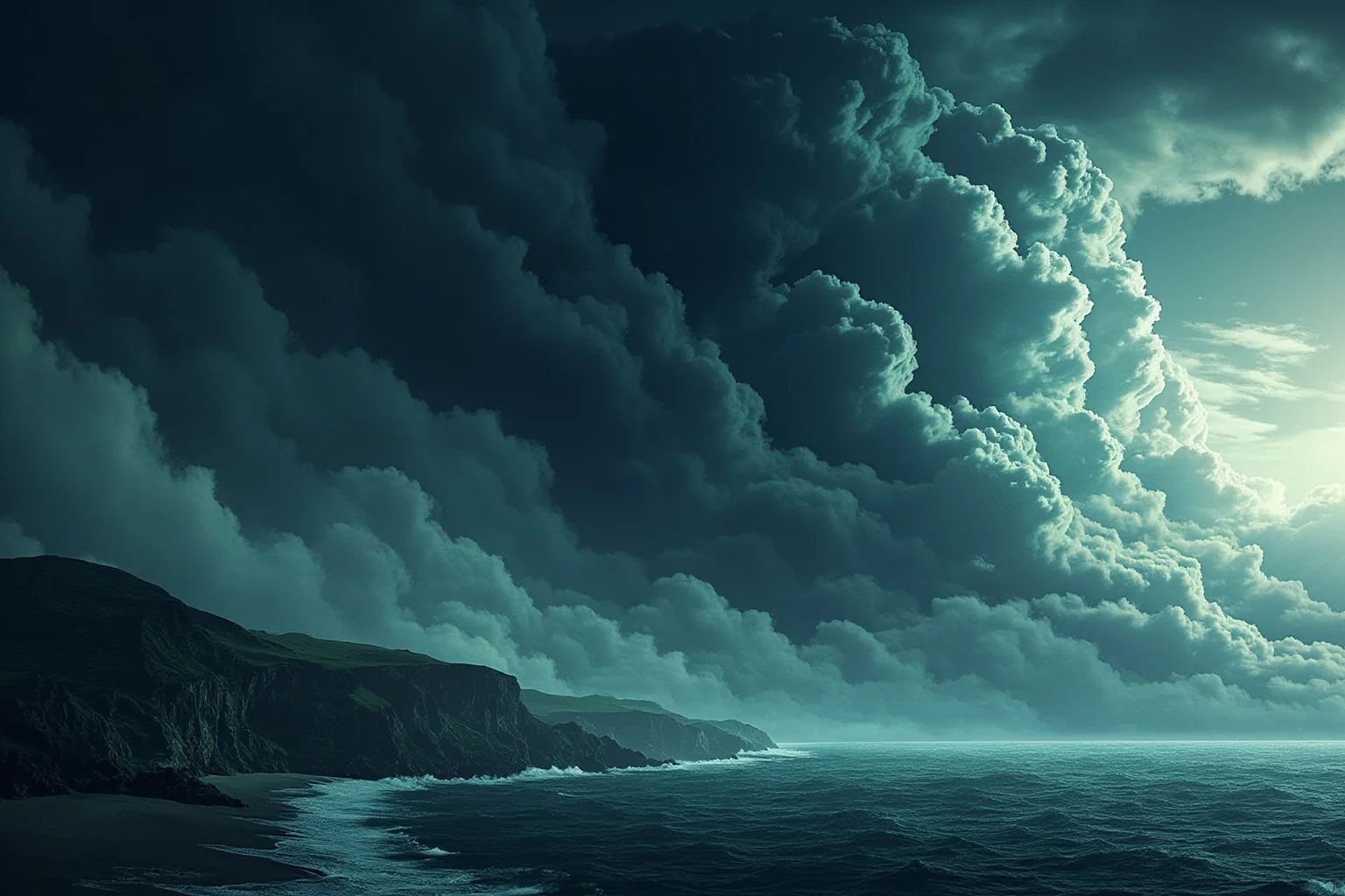 A somber illustration of storm clouds looming over a coastline, symbolizing history's deadliest recorded storm