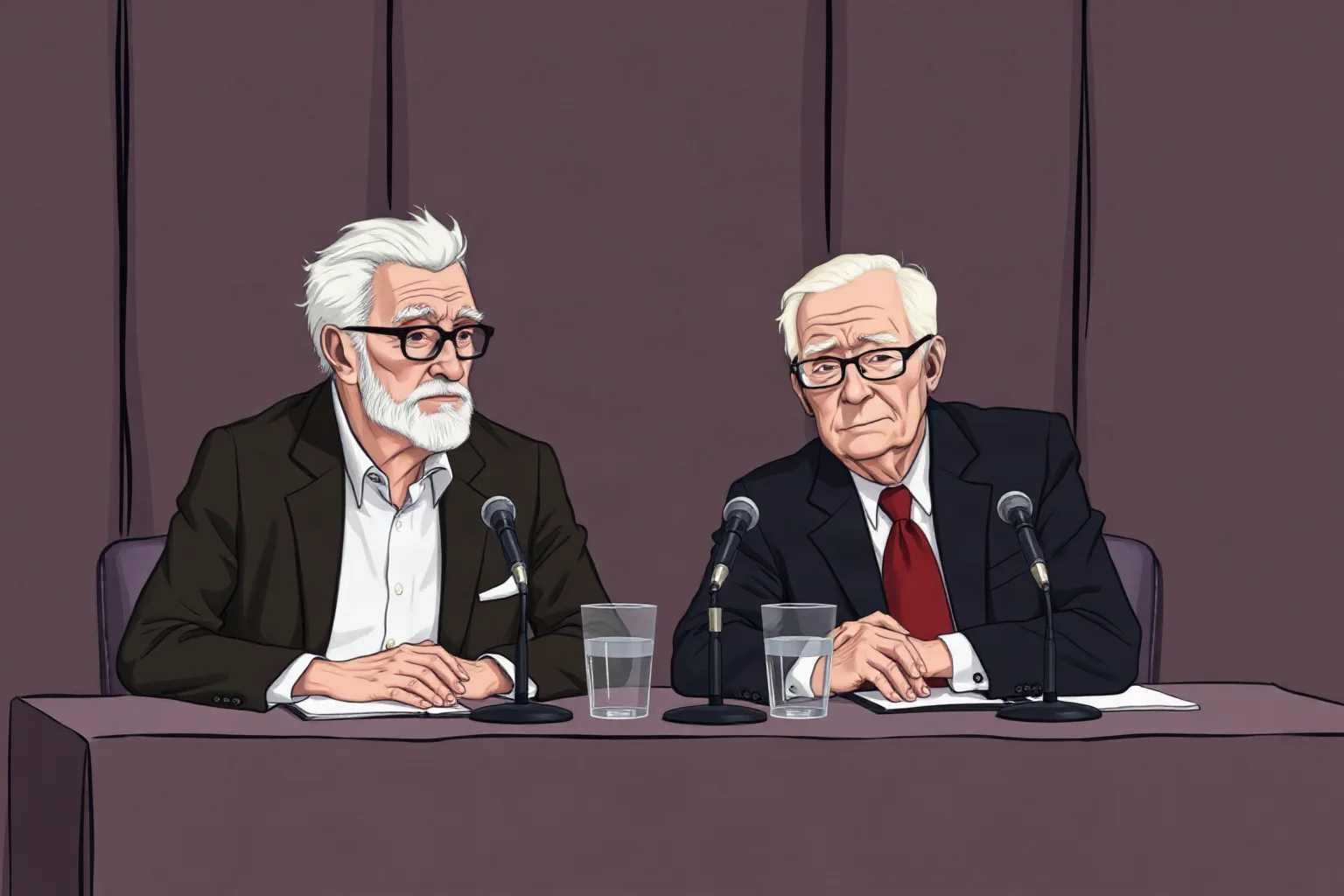 A somber illustration of two elderly friends sitting together at a press conference table, subdued lighting