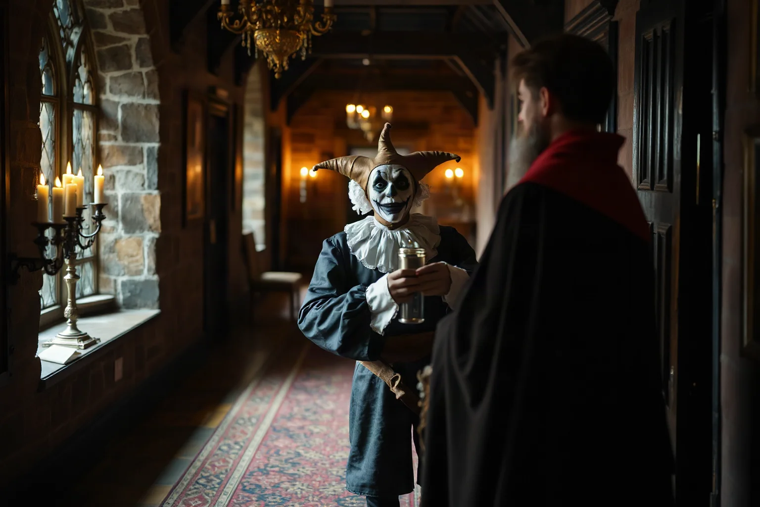 A somber jester being handed over between two noble households in a torch-lit Tudor hallway