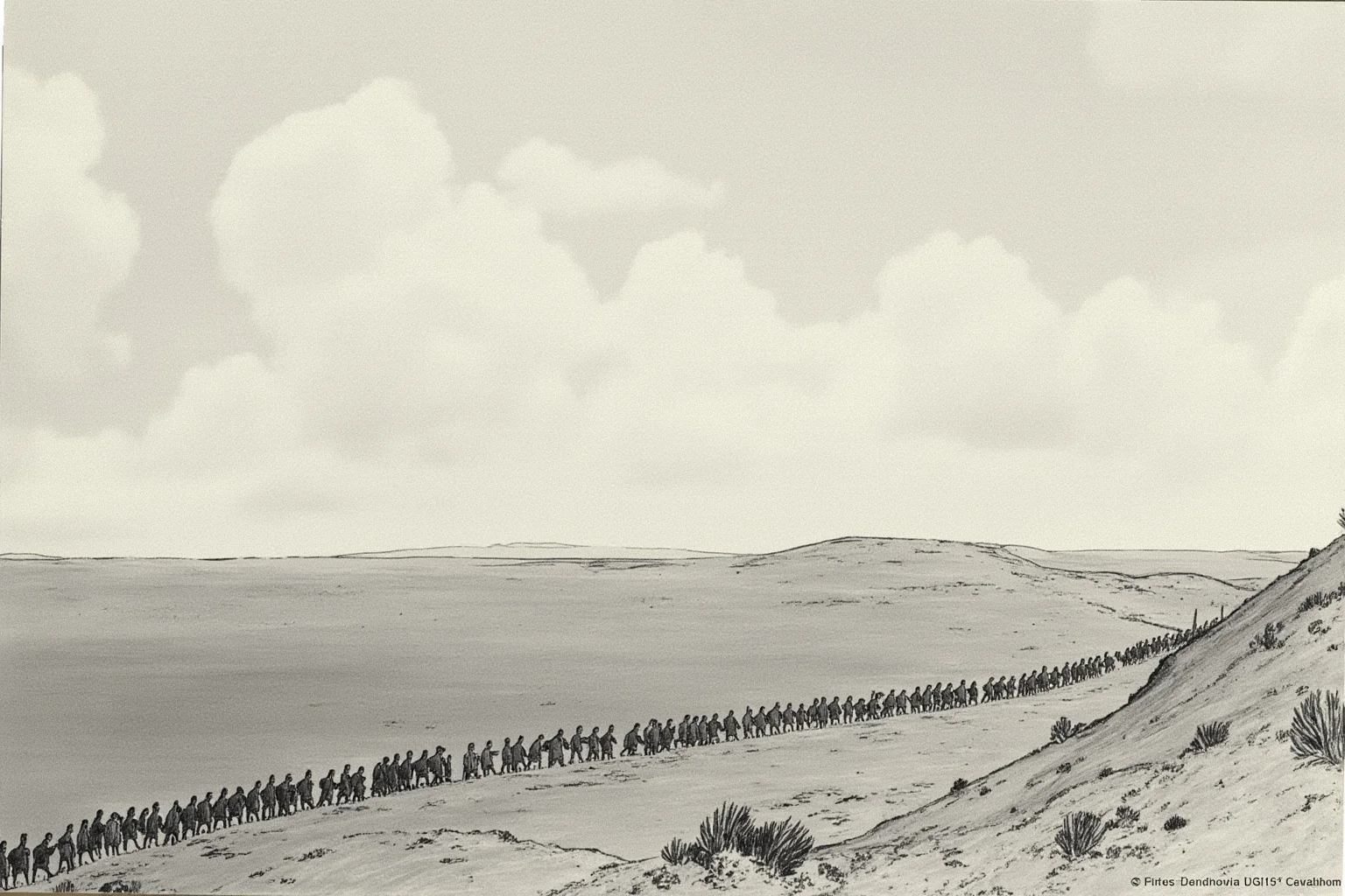 Longest Journeys Ever Undertaken On Foot 5 A somber line of people walking across a vast high-desert landscape under a grey winter sky, respectful historical illustration style