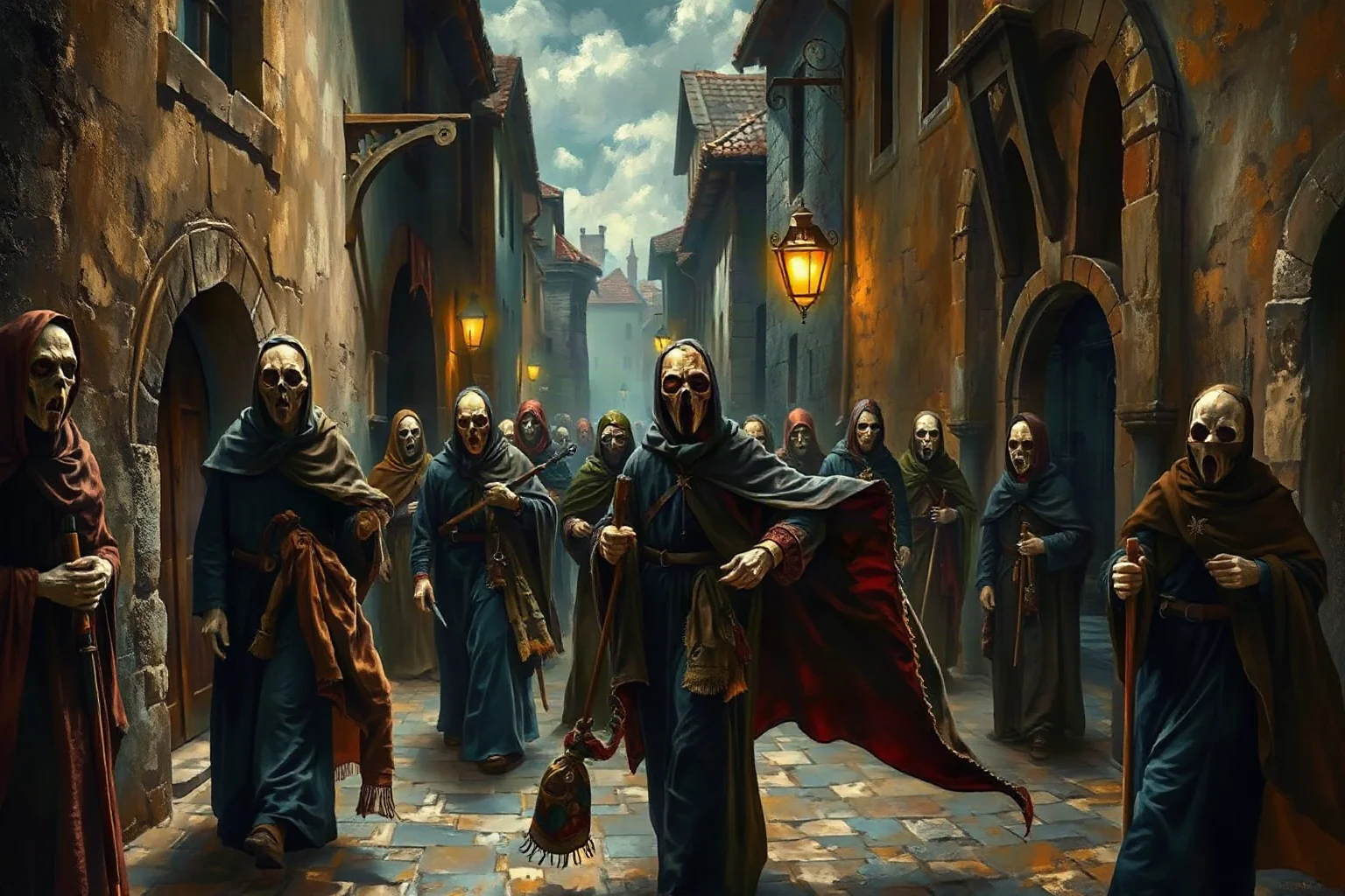A somber medieval European street scene during the Black Death, plague doctors in period dress, dramatic historical painting style