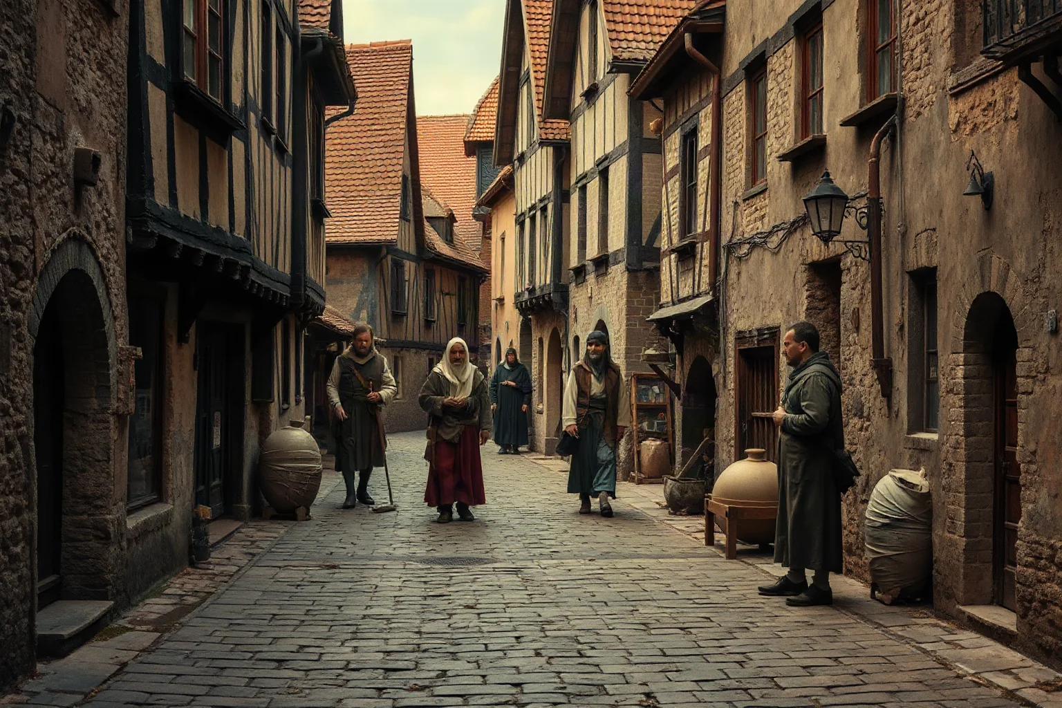 A somber medieval European street scene evoking the era of plague and hardship