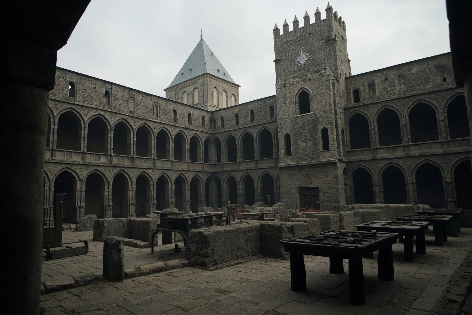 The Real Braveheart: The Story of How Robert the Bruce Freed Scotland 17 A somber medieval execution square in an old city with overcast skies