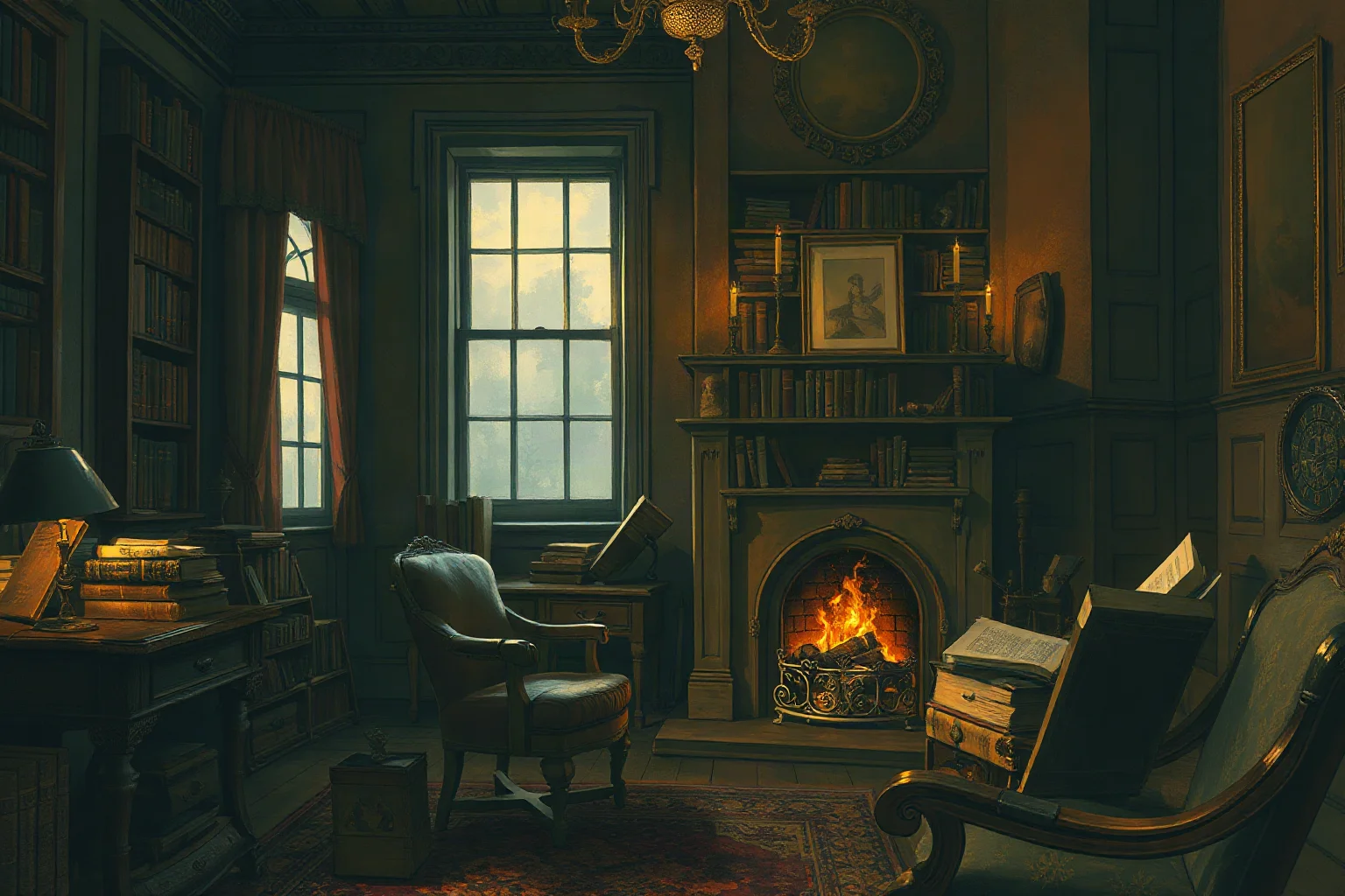 A somber portrait-style illustration of an early 1900s Russian aristocratic study with old books and a fireplace