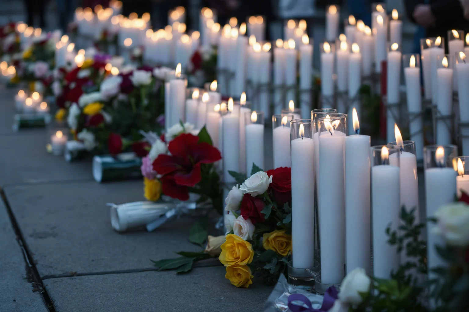 A somber row of unlit candles and flowers arranged outdoors for a vigil