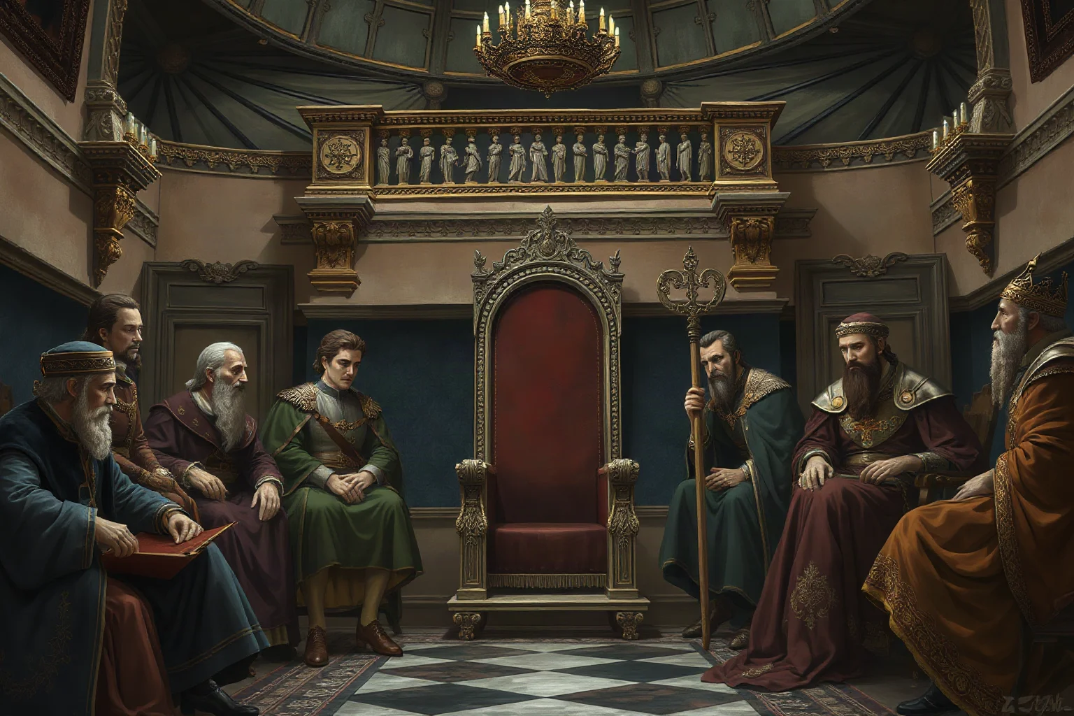 A somber royal court scene with nobles debating succession around an empty throne