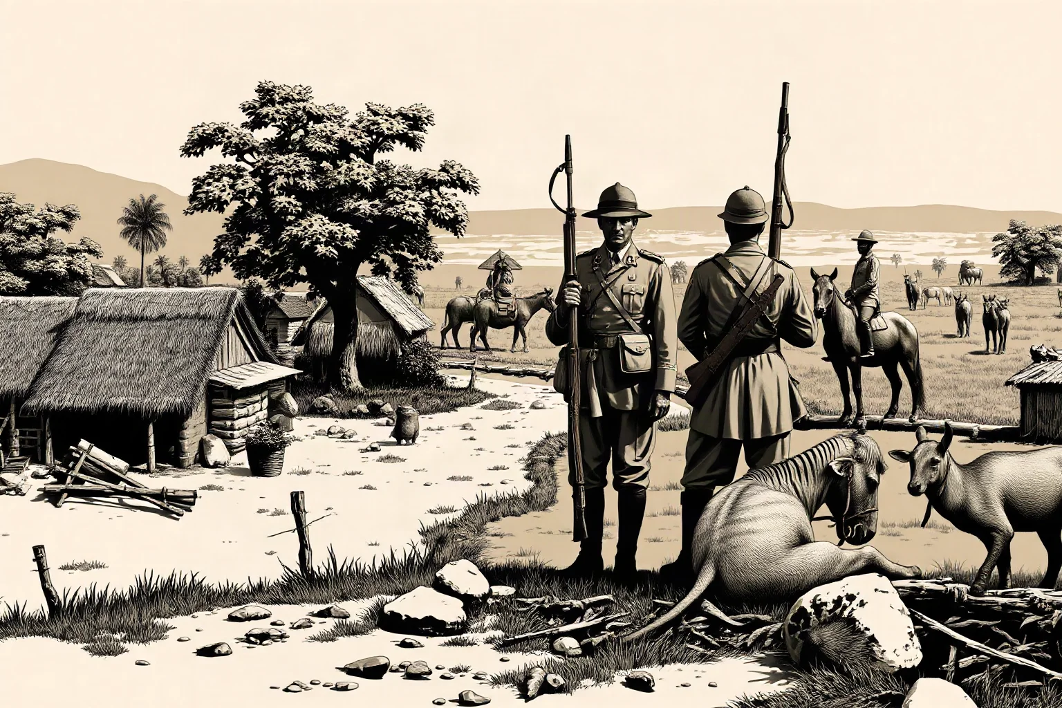 A somber sepia-toned illustration of colonial-era soldiers standing guard over a rural African village