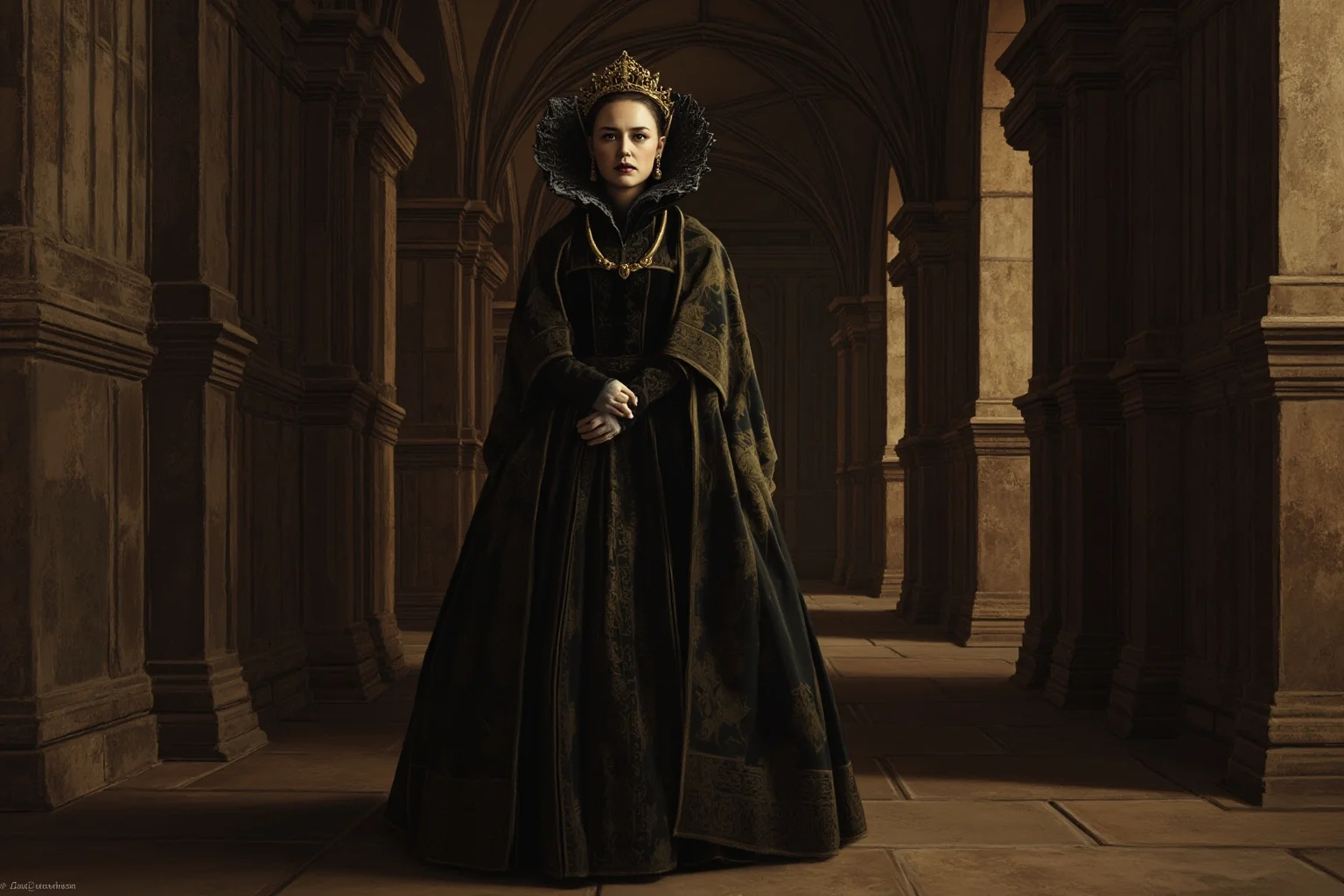 A somber Tudor-era queen in black and gold royal dress standing in a stone palace corridor, illustrative painting style