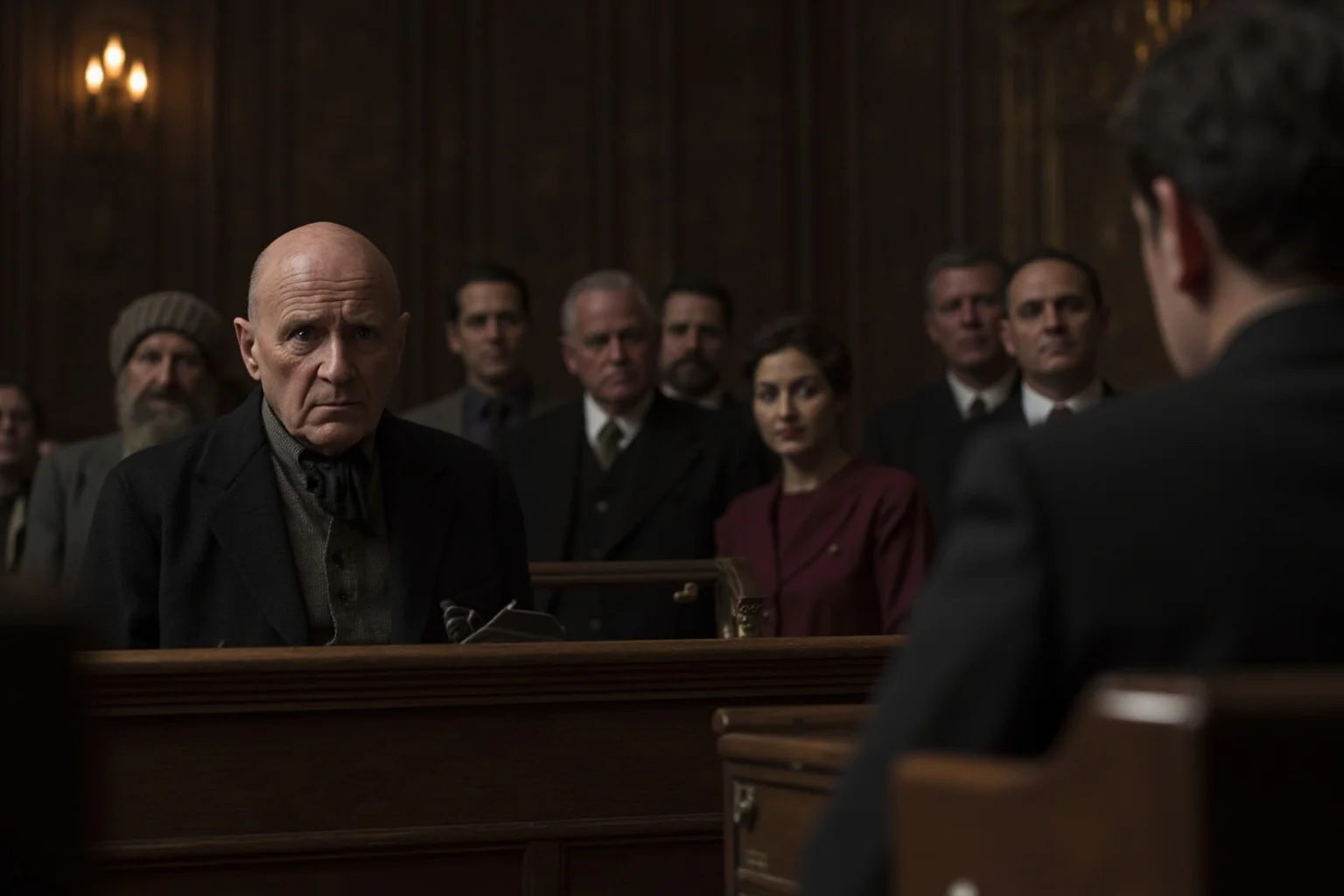 Legendary Cases Involving the Pinkerton Detective Agency 13 A somber Victorian-era courtroom scene with a witness testifying before serious onlookers