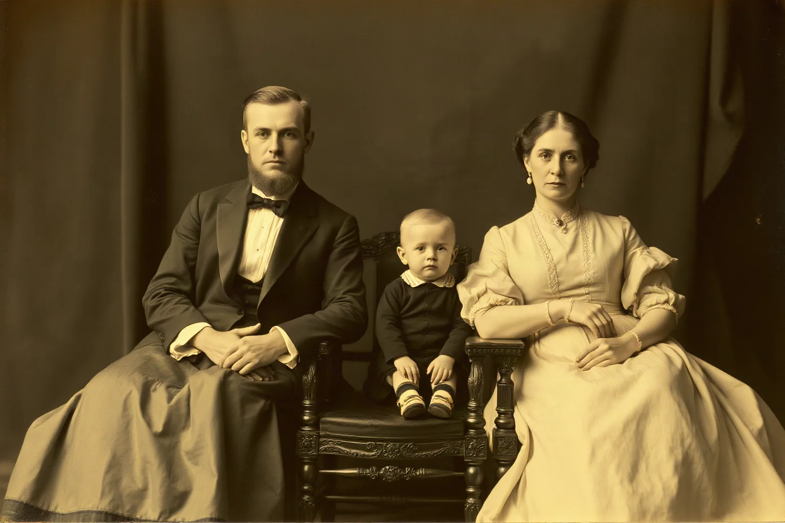 A somber Victorian family portrait with an empty chair symbolizing a child who died young