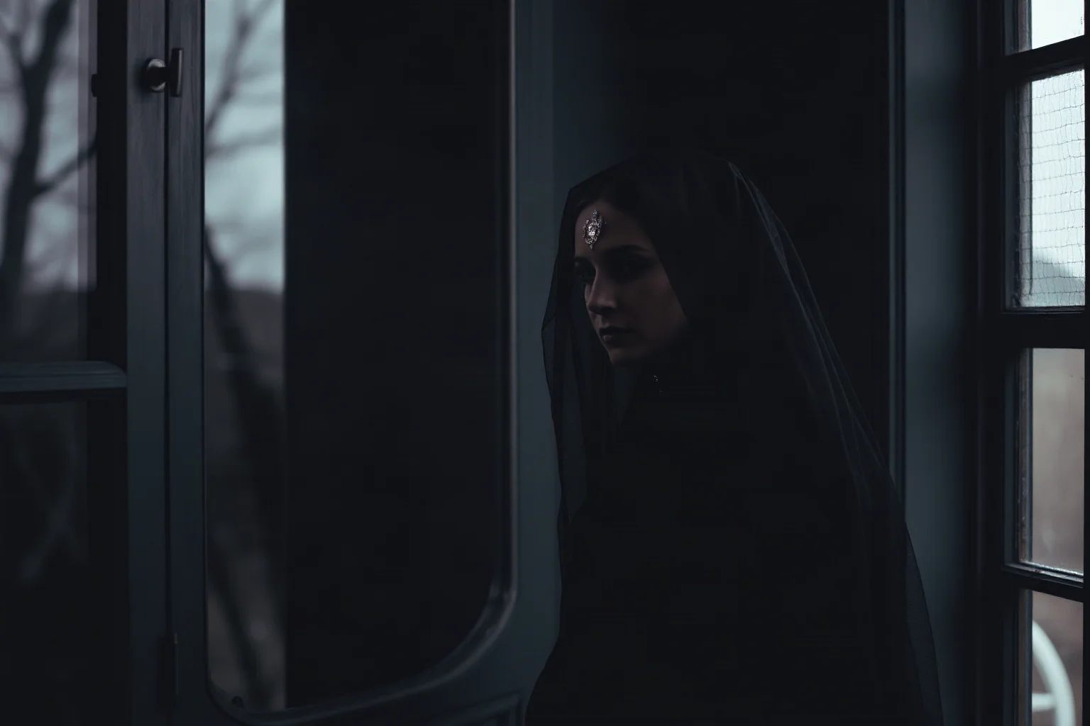 A somber Victorian widow in mourning black veiled clothing standing alone by a window
