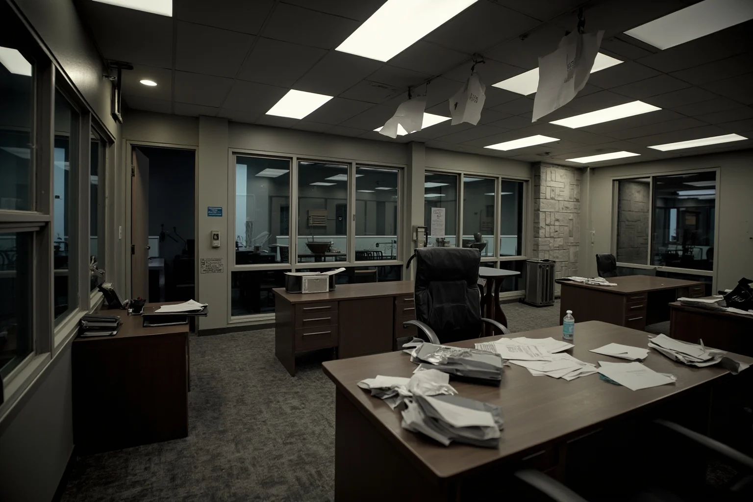 A somber Wall Street office with empty desks and scattered financial papers