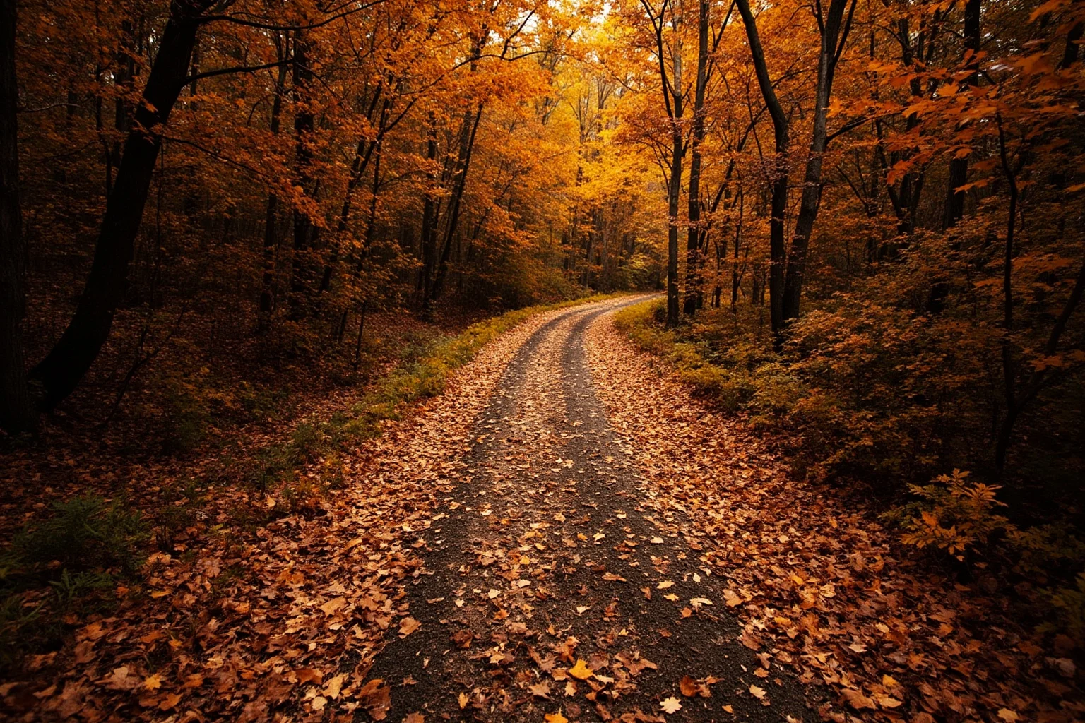 A somber winding trail through autumn woods with wagon tracks, symbolizing the Trail of Tears