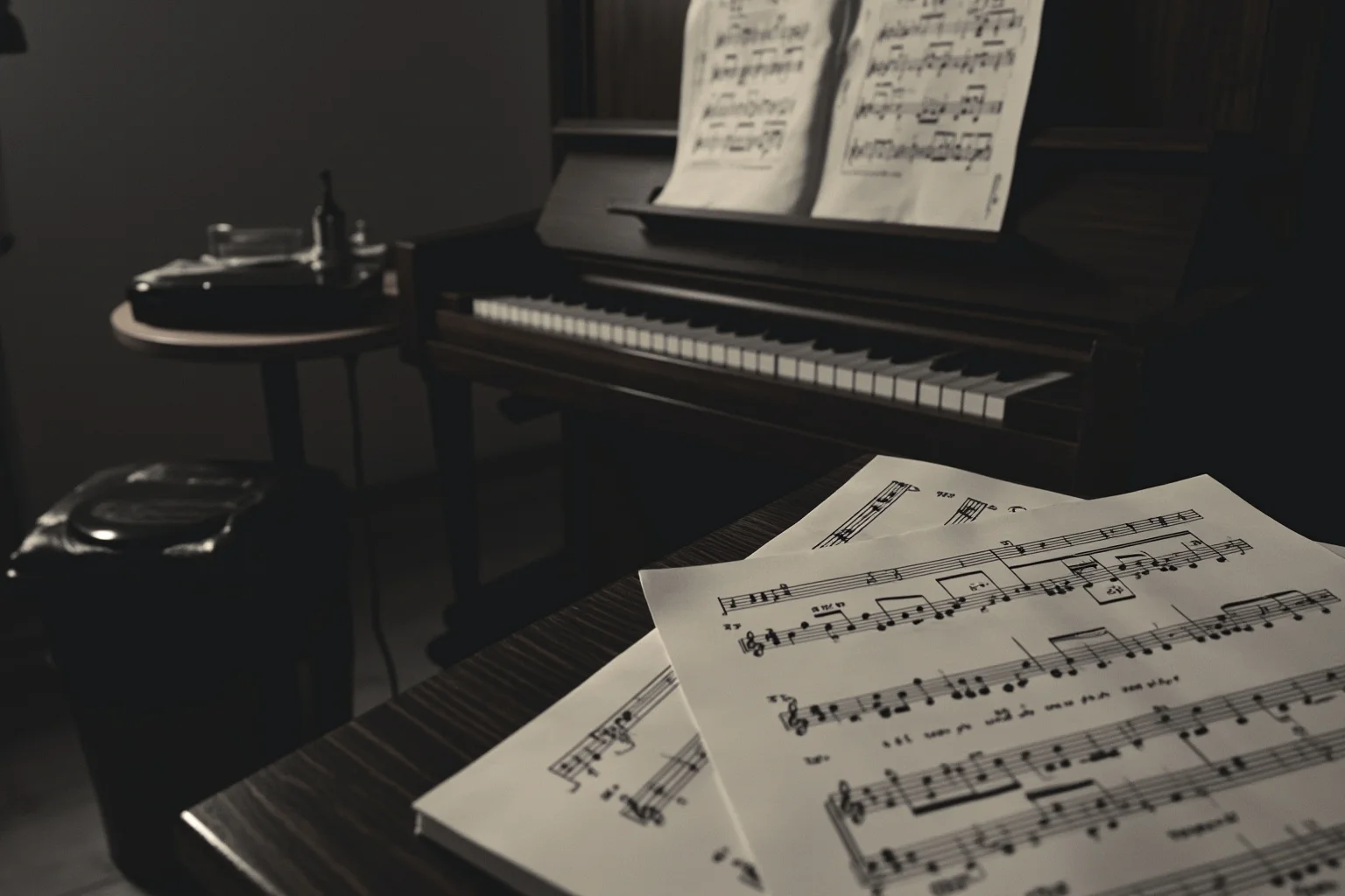A songwriter's desk with notebooks, sheet music, and a piano in a 1950s studio setting