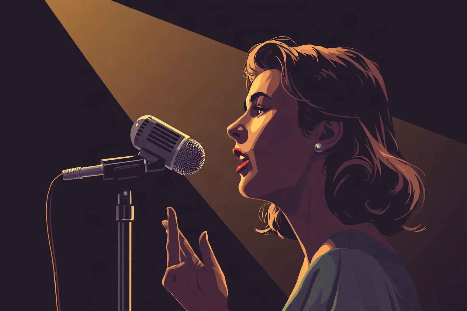 A soulful female jazz vocalist singing into a vintage microphone under a spotlight, moody illustration