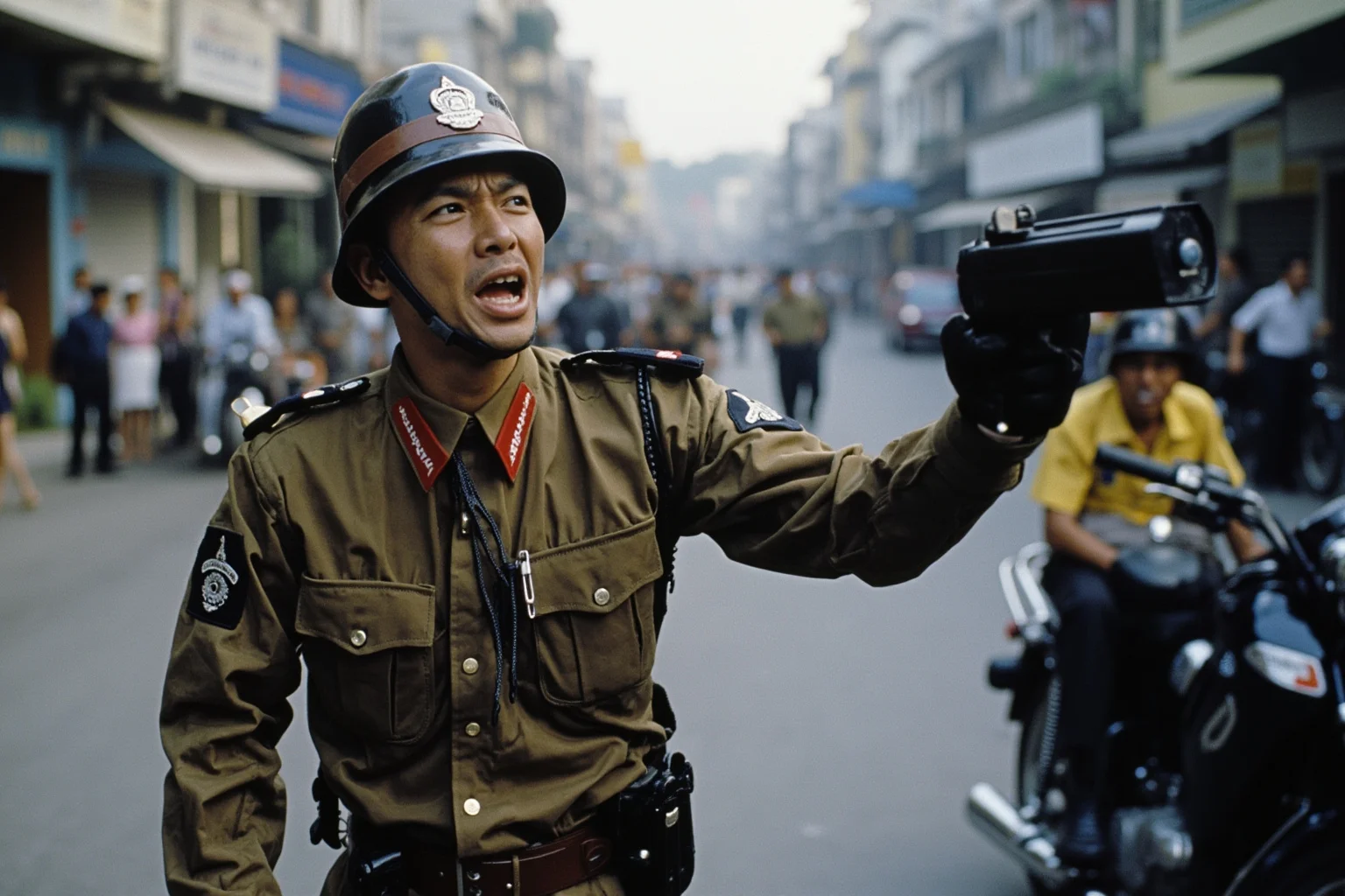 A South Vietnamese police officer on a Saigon street during wartime, tense confrontation scene, documentary journalism style