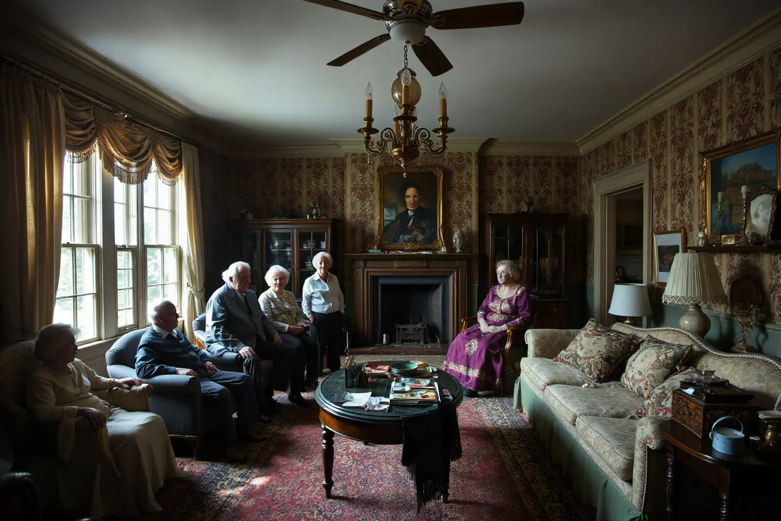A Southern mansion interior with multiple family members across different generations, showing decline and decay