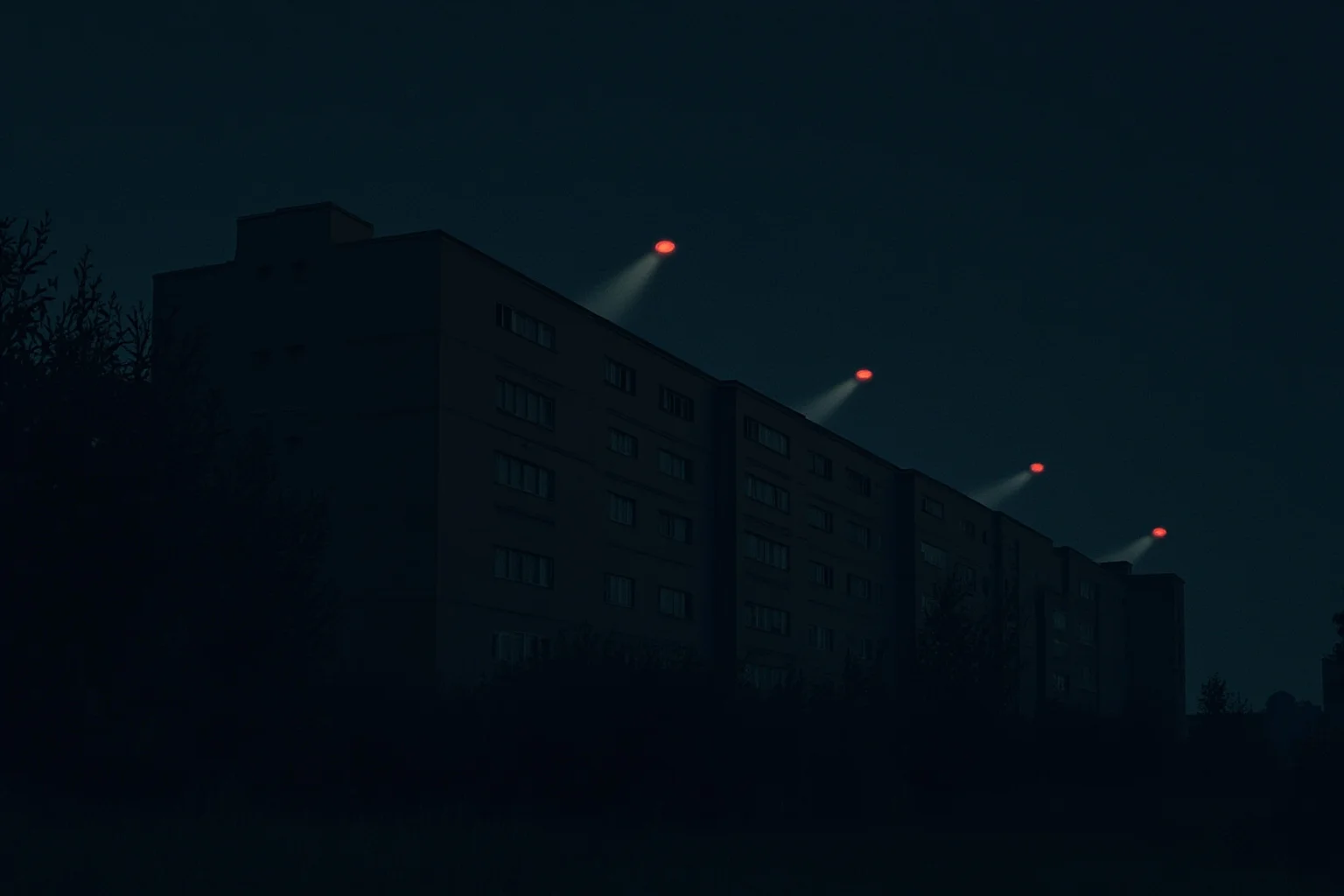 False Flag Operations That Quietly Changed World History 17 A Soviet-era apartment building at night with emergency lights in the distance, muted illustration style