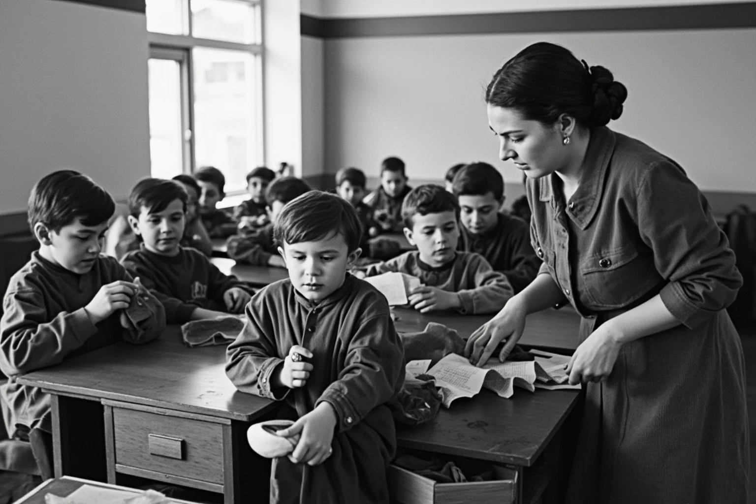 A Soviet-era classroom with a teacher guiding a child through learning activities, showing scaffolding and guided instruction