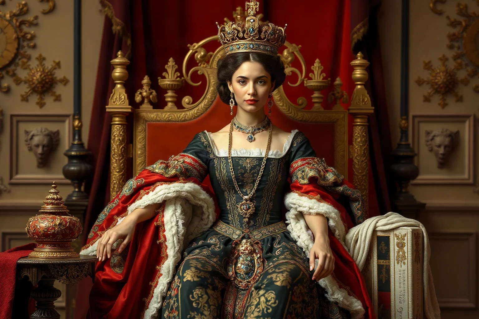 A Spanish queen in elaborate Renaissance royal regalia, seated on a throne with symbols of political power and cultural authority around her