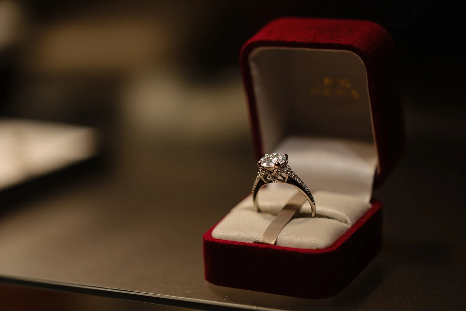 A sparkling diamond ring displayed in a velvet box under soft jewelry-store lighting