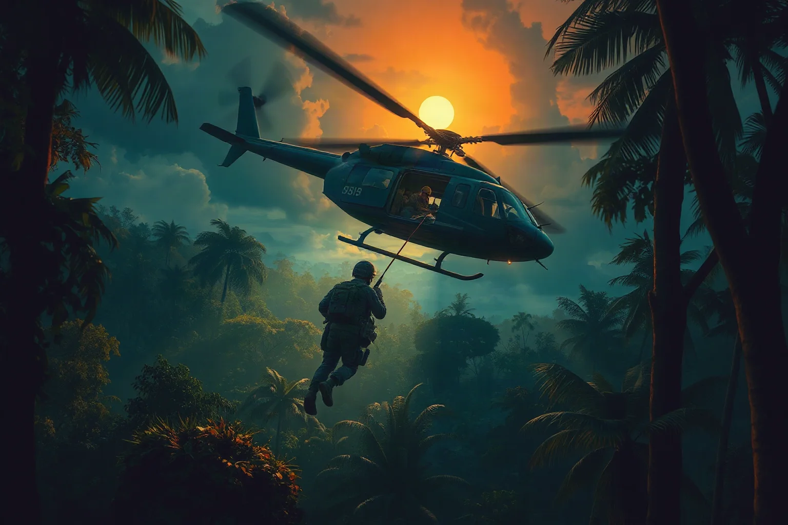 A Special Forces soldier being extracted by helicopter from a jungle clearing in Laos, illustrative painting style, dramatic dusk lighting