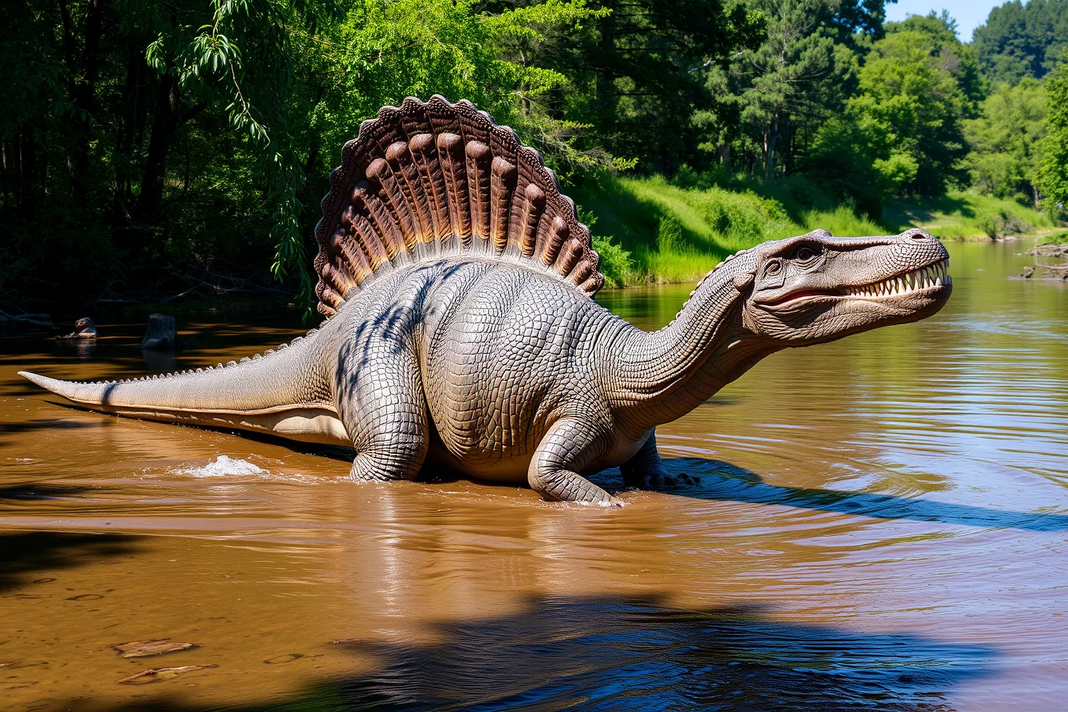 A Spinosaurus with a tall back sail wading through a shallow river, crocodile-like snout visible