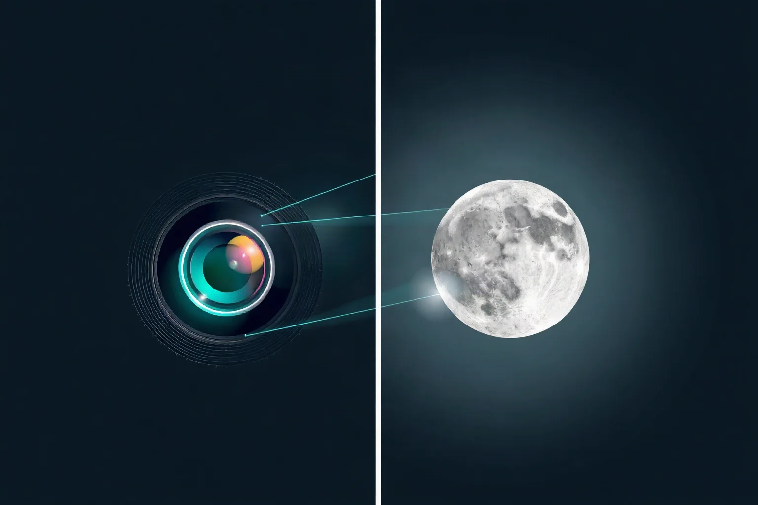 A split illustration showing a camera lens on one side and a lunar photograph on the other, connected by light rays