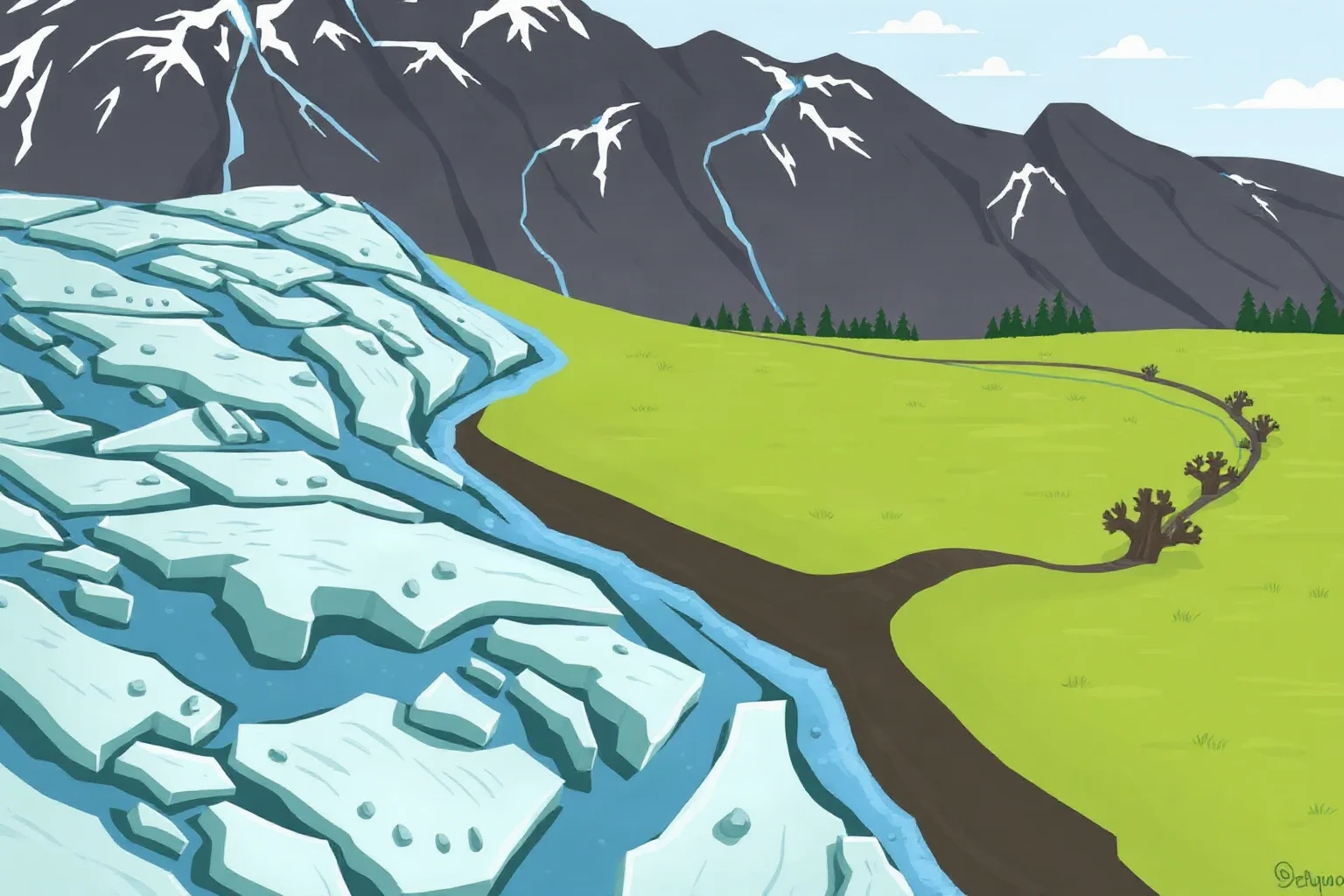 A split illustration showing a harsh icy glacial landscape beside a greener, warmer interglacial landscape