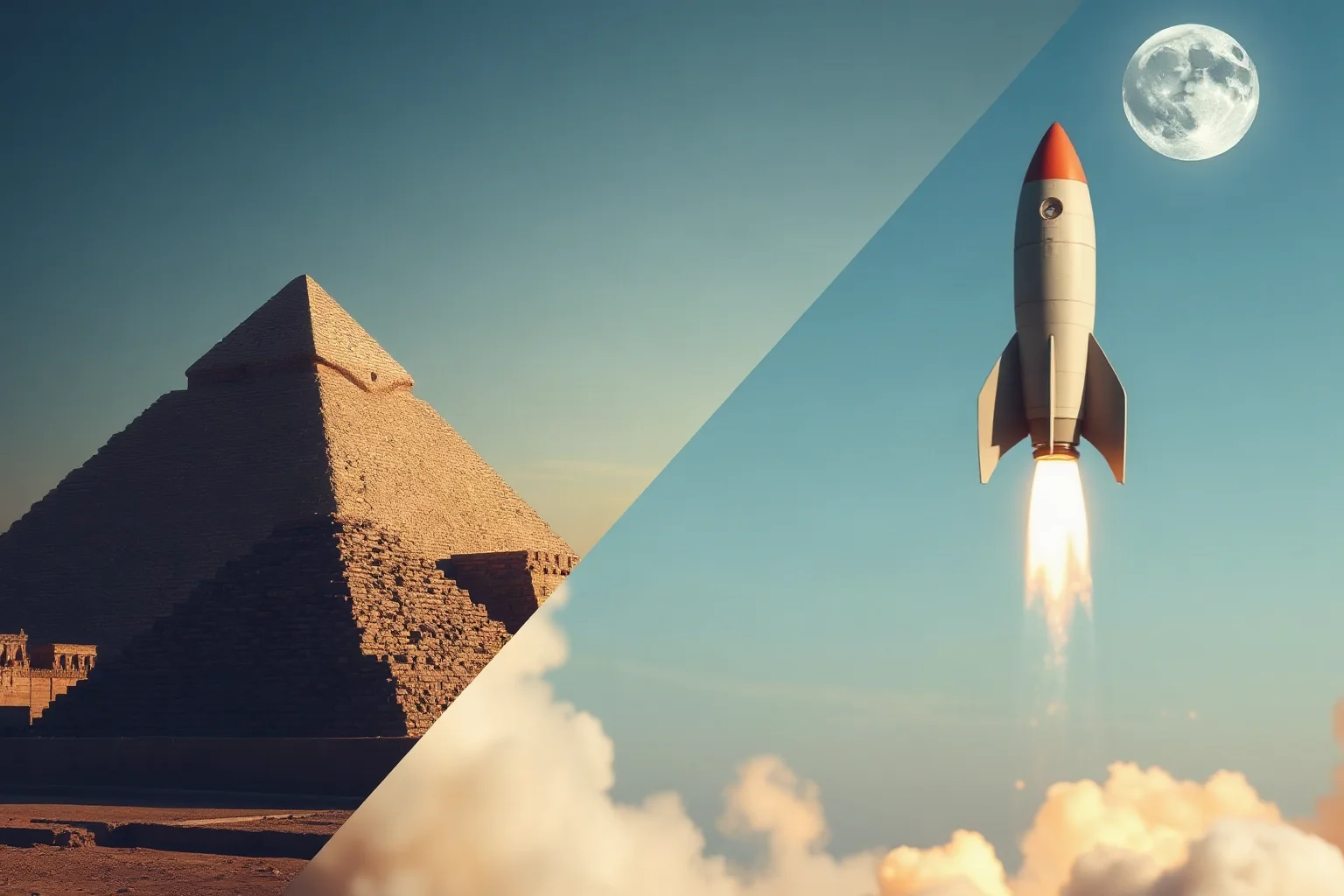 A split-image concept showing ancient Egyptian pyramids on one side and a rocket launching to the moon on the other